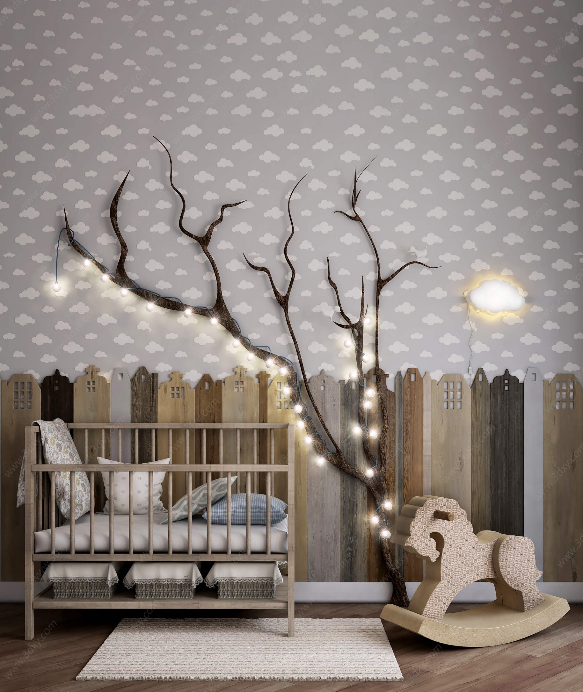 现代婴儿床树木灯光3D模型