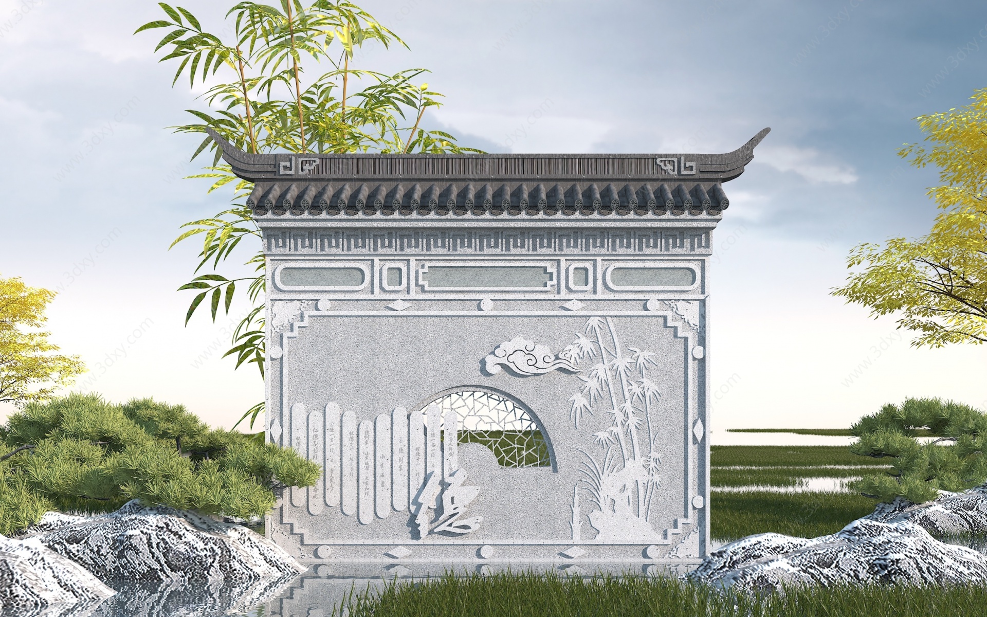 中式文化浮雕墙3D模型