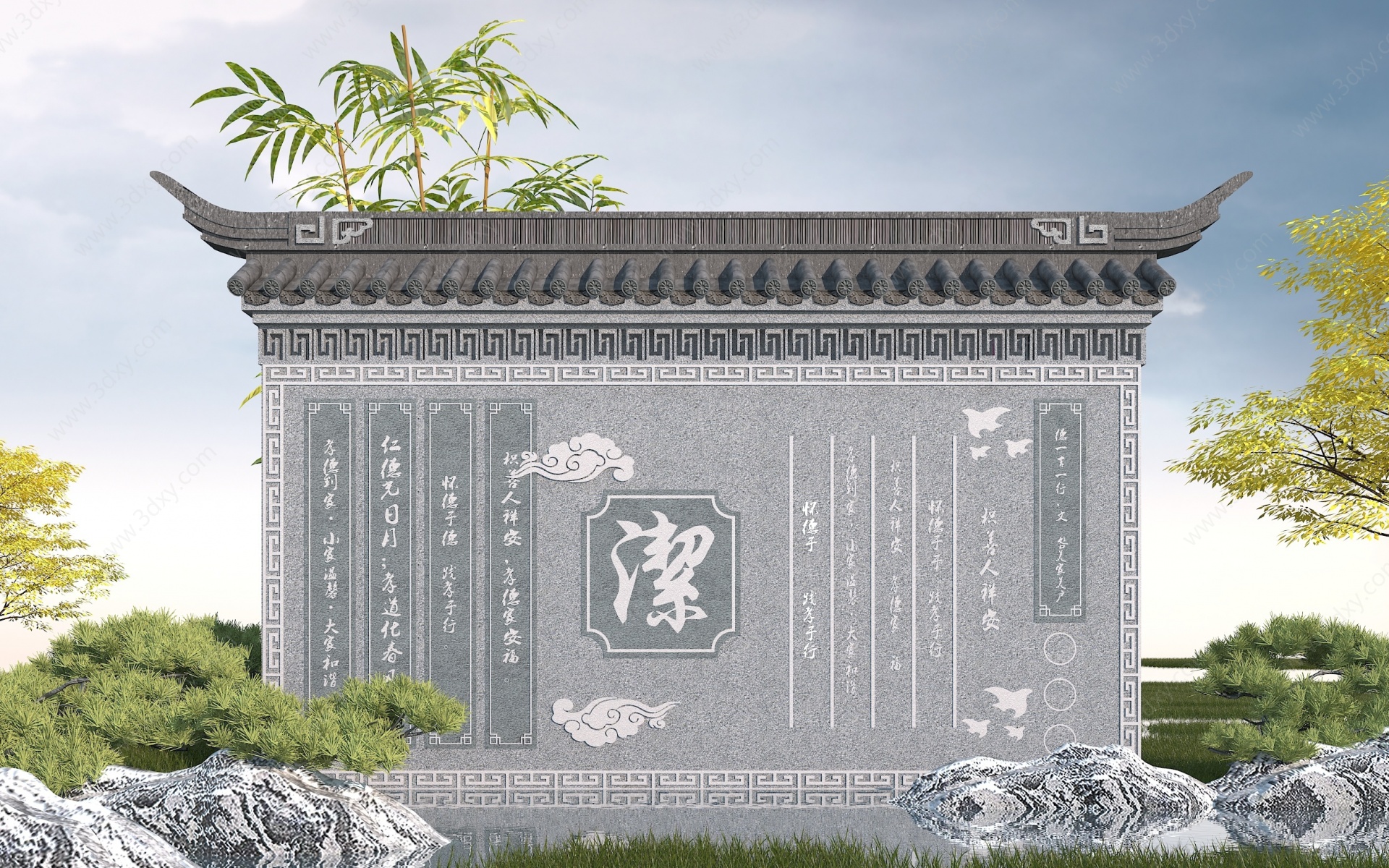 中式社区文化墙3D模型