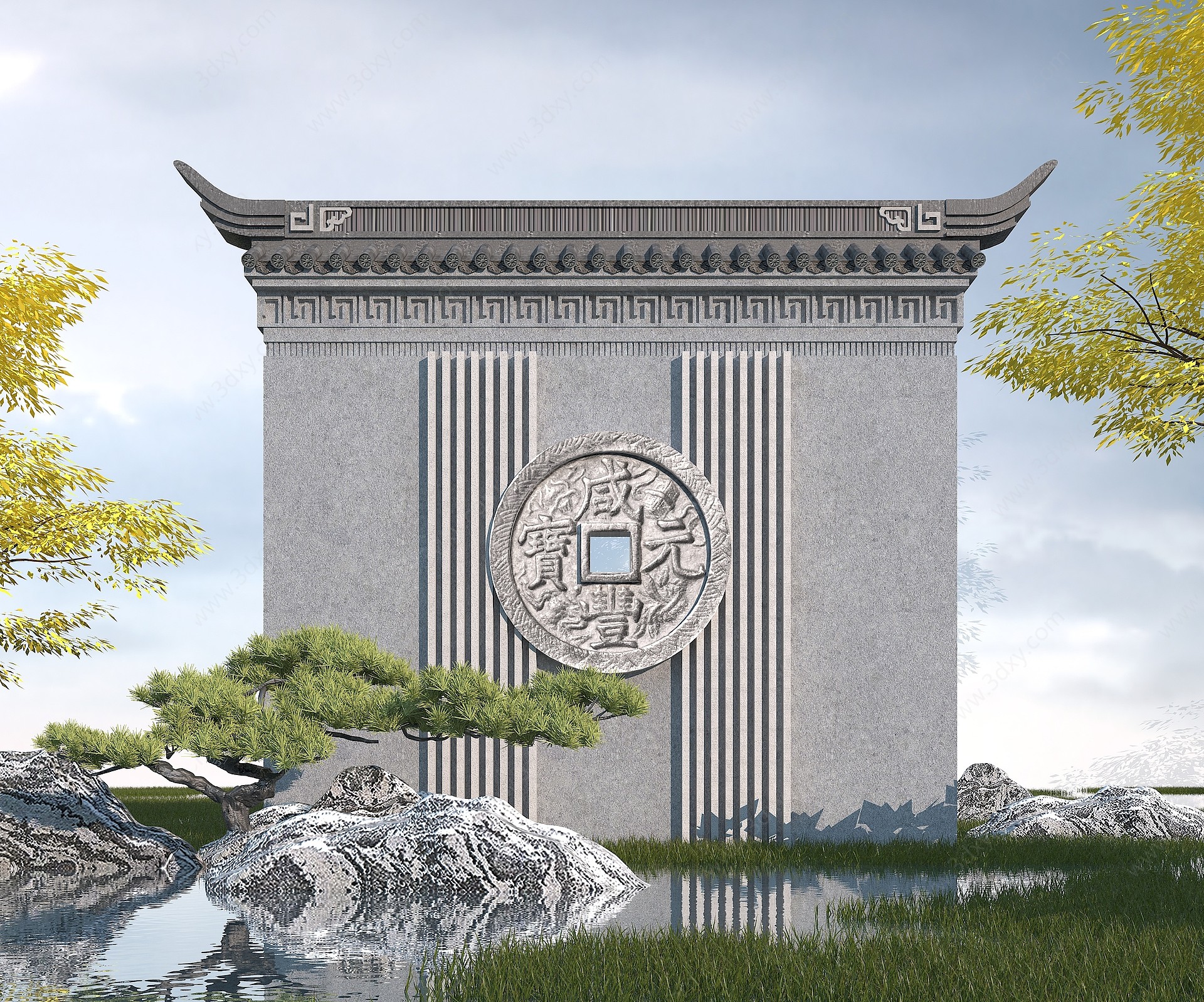 中式雕塑景墙3D模型