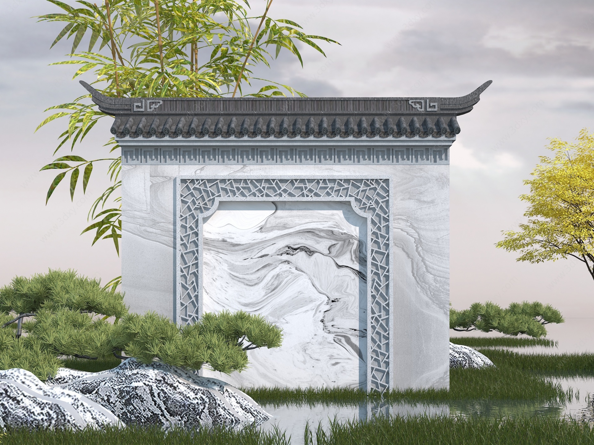 新中式石材照壁3D模型