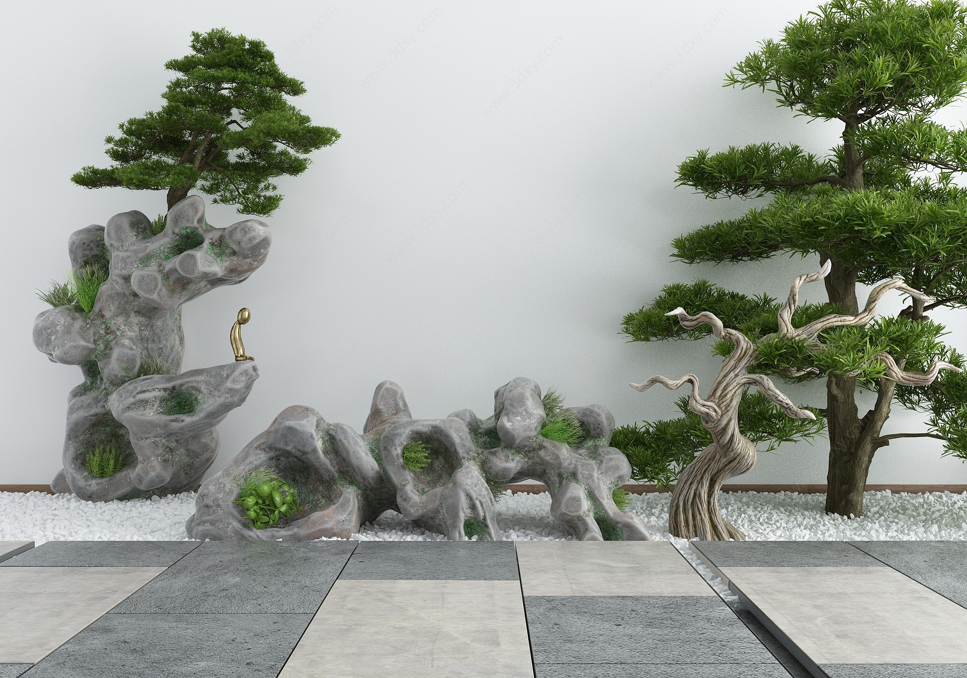 新中式庭院假山松柏3D模型