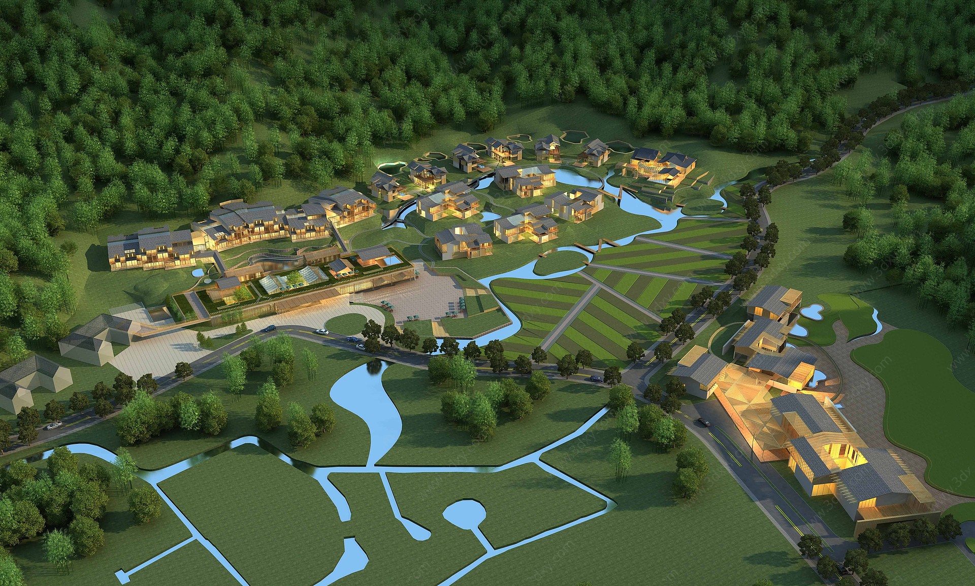 新中式度假山庄鸟瞰夜景3D模型