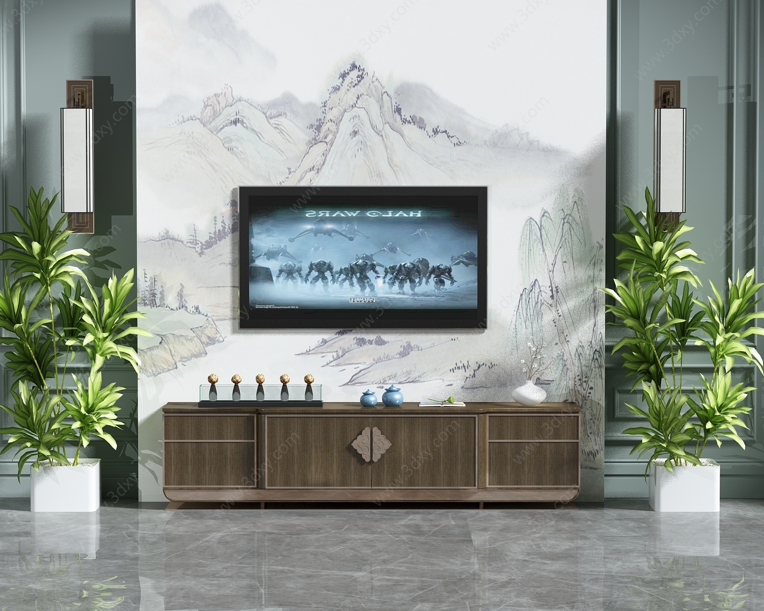 新中式电视背景墙3D模型