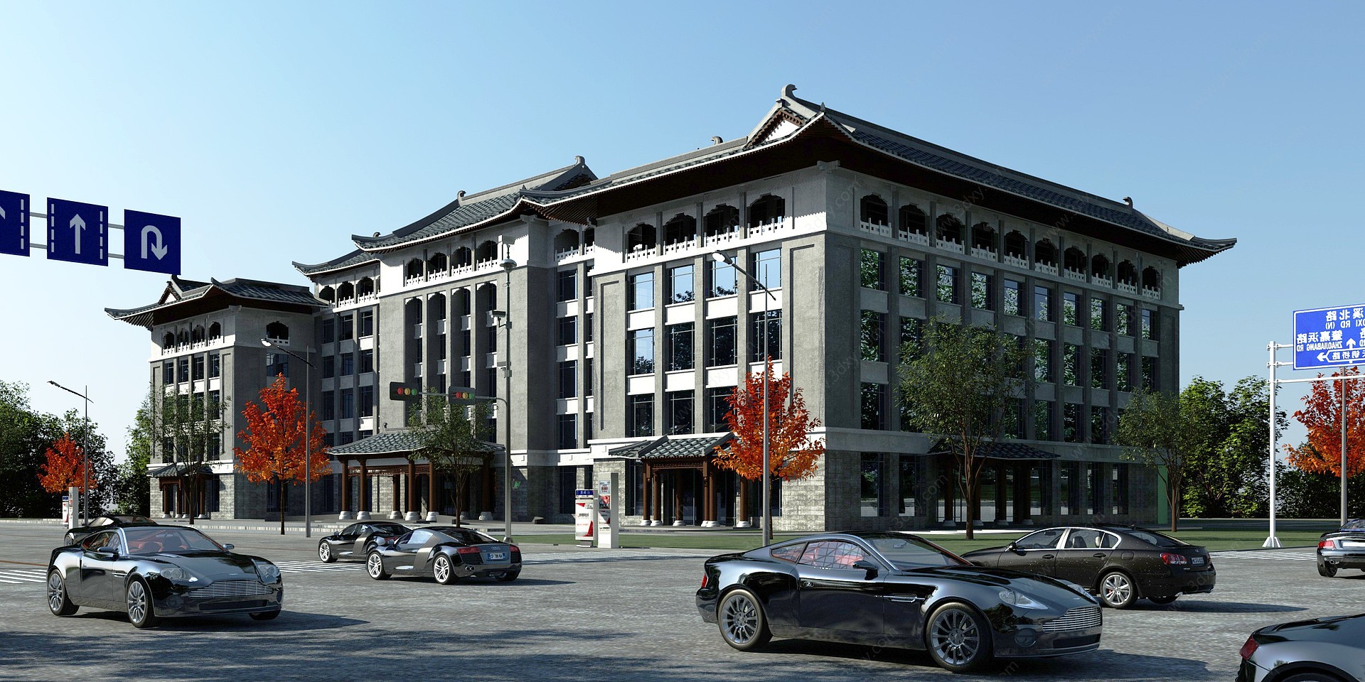 新中式沿街办公楼外观3D模型
