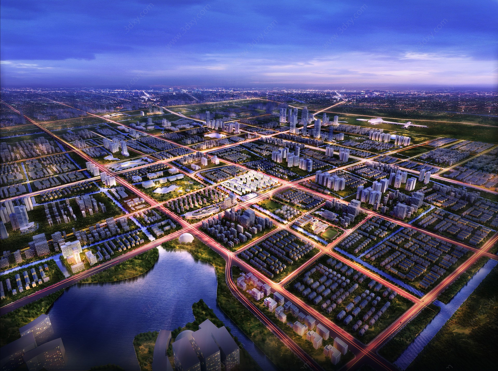 新中式住宅区域鸟瞰3D模型