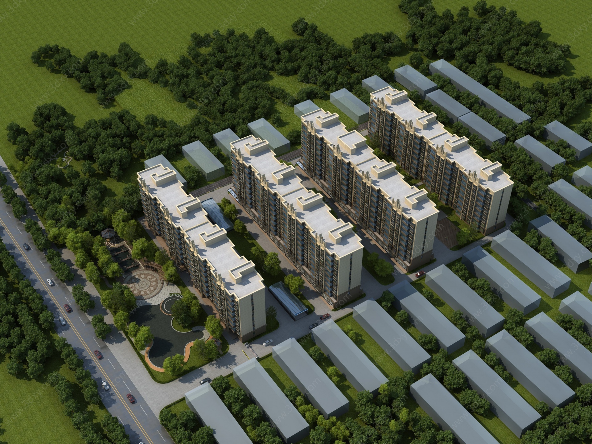 现代小区住宅楼鸟瞰3D模型