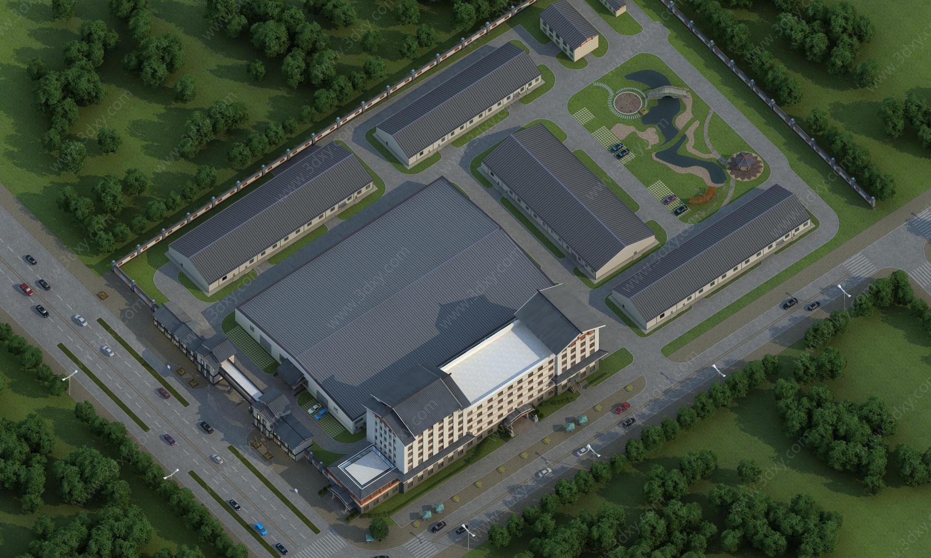 中式药厂办公楼厂房鸟瞰3D模型