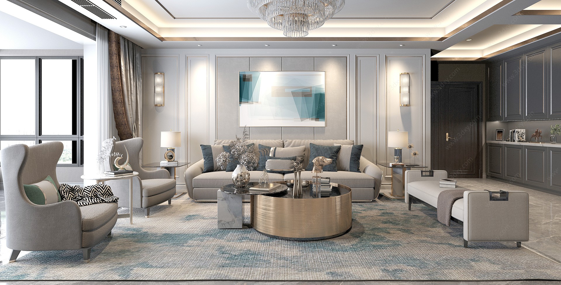 现代轻奢客厅沙发茶几组合3D模型
