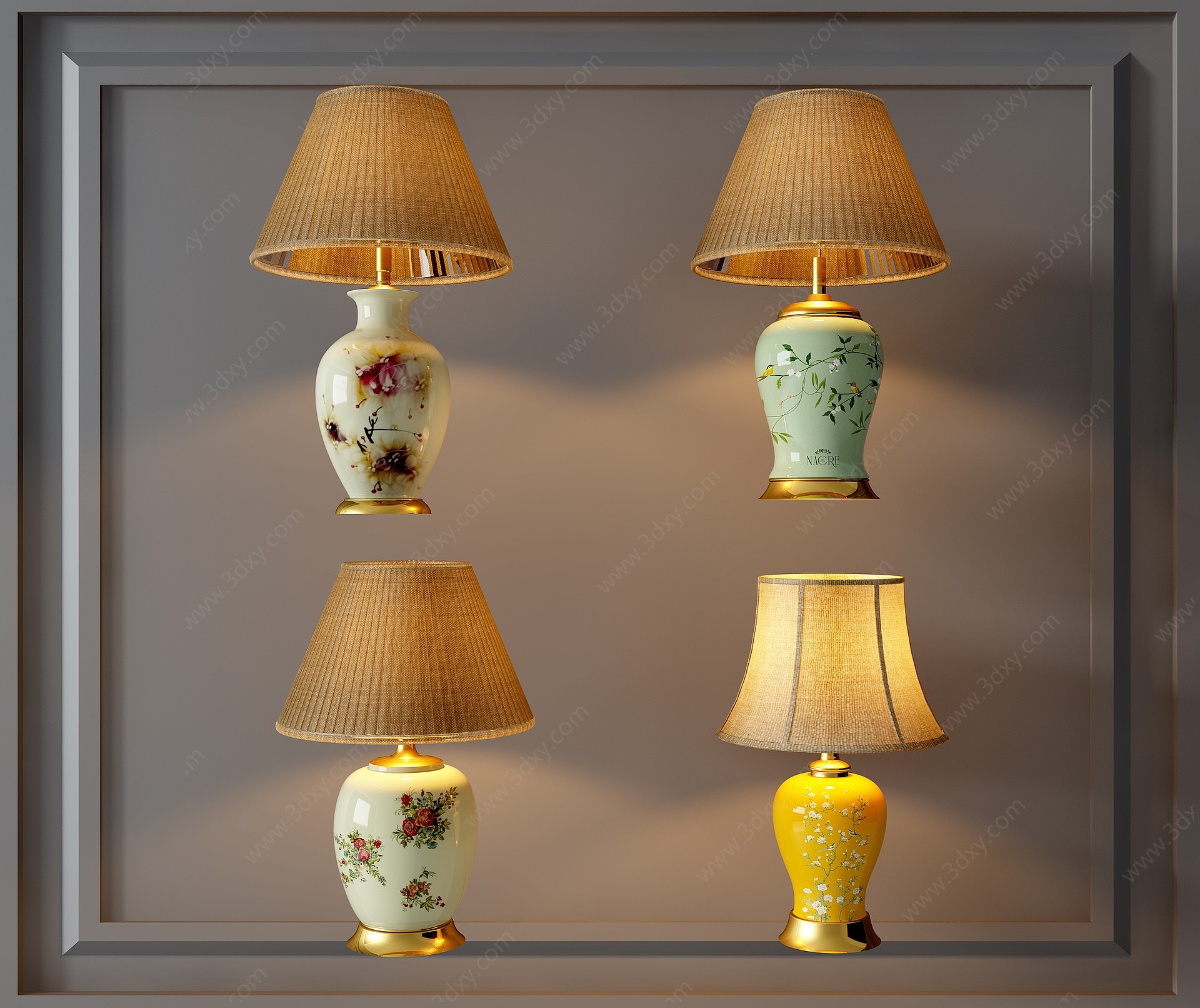 欧式中式青花瓷台灯组合3D模型