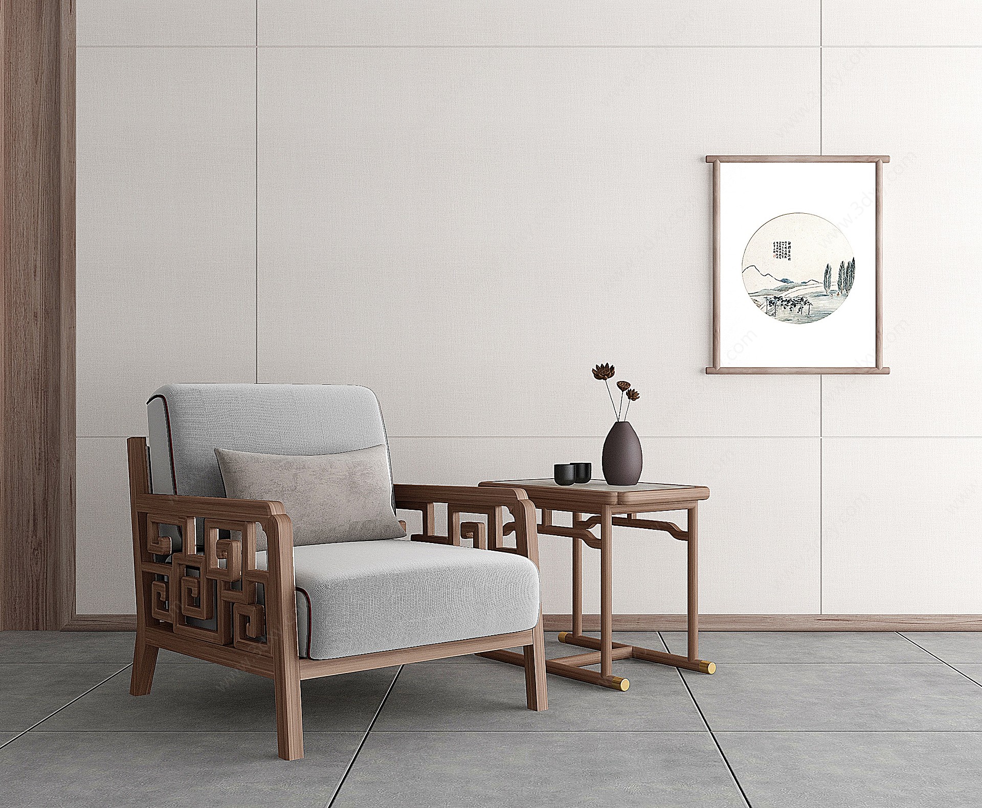 新中式布艺休闲椅3D模型