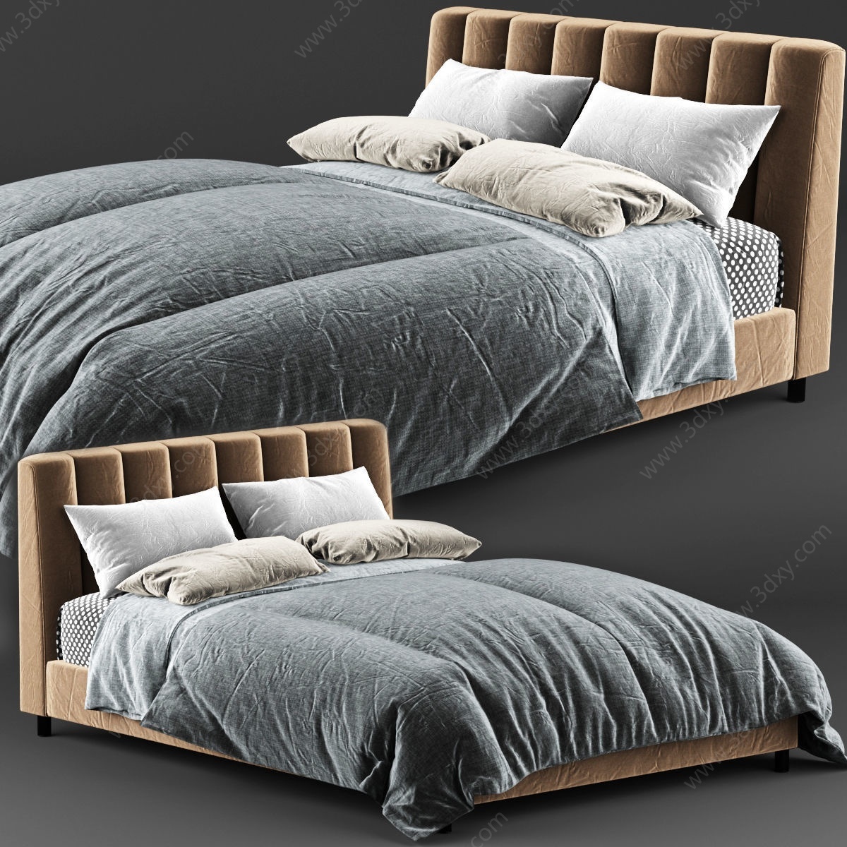复古色休闲舒适双人床3D模型