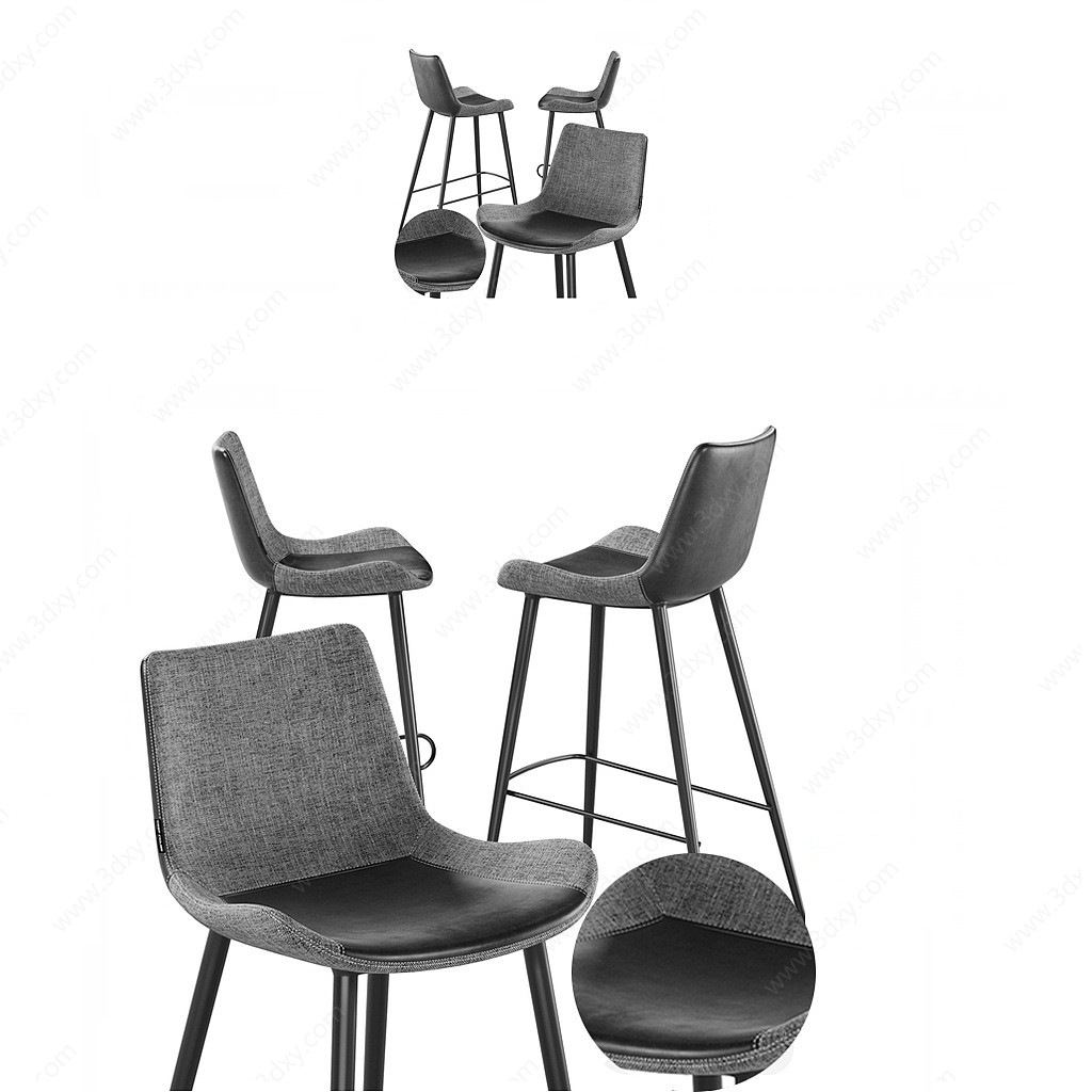 现代酒吧布艺拼皮革吧椅3D模型