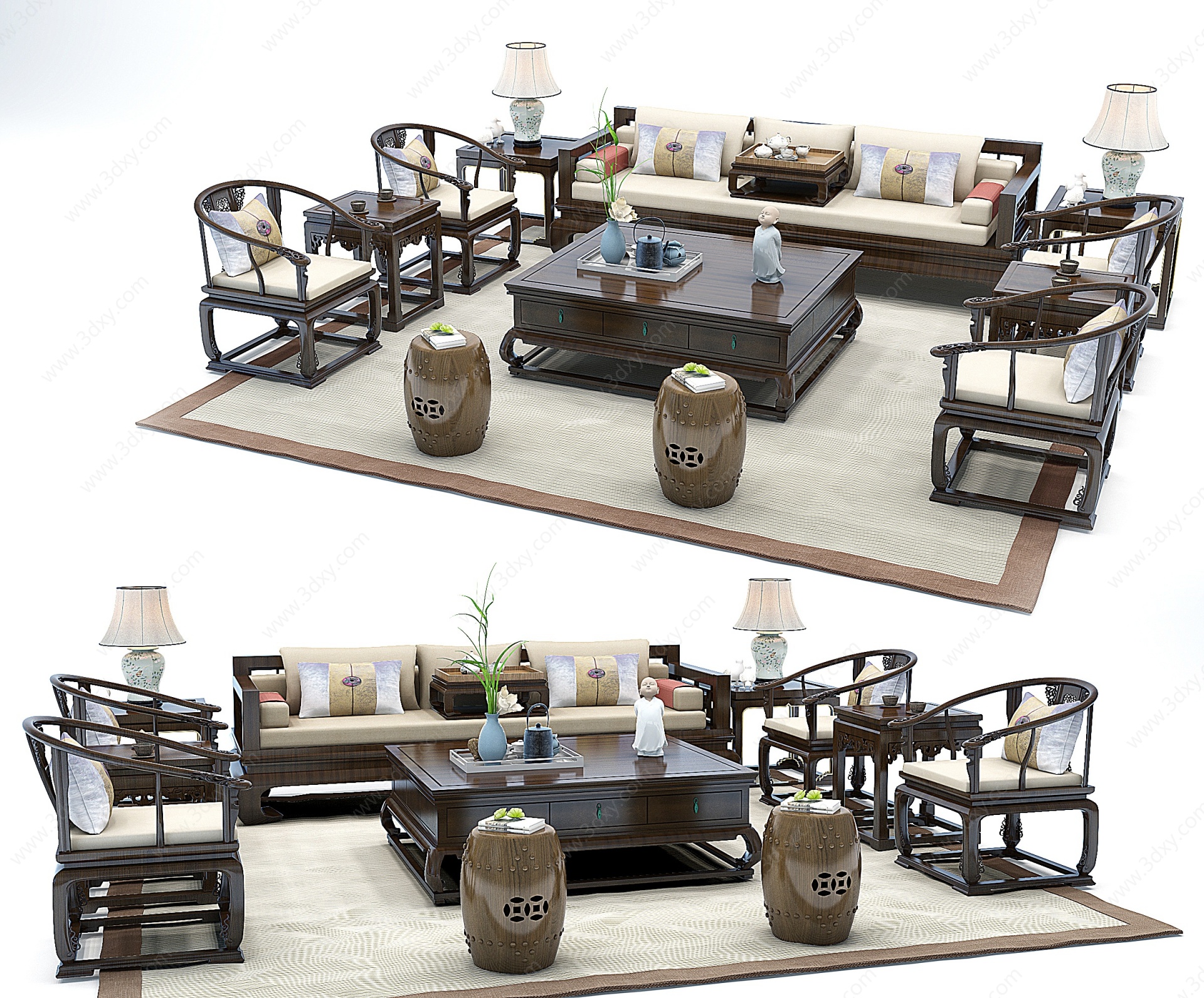 新中式古典实木沙发茶几3D模型