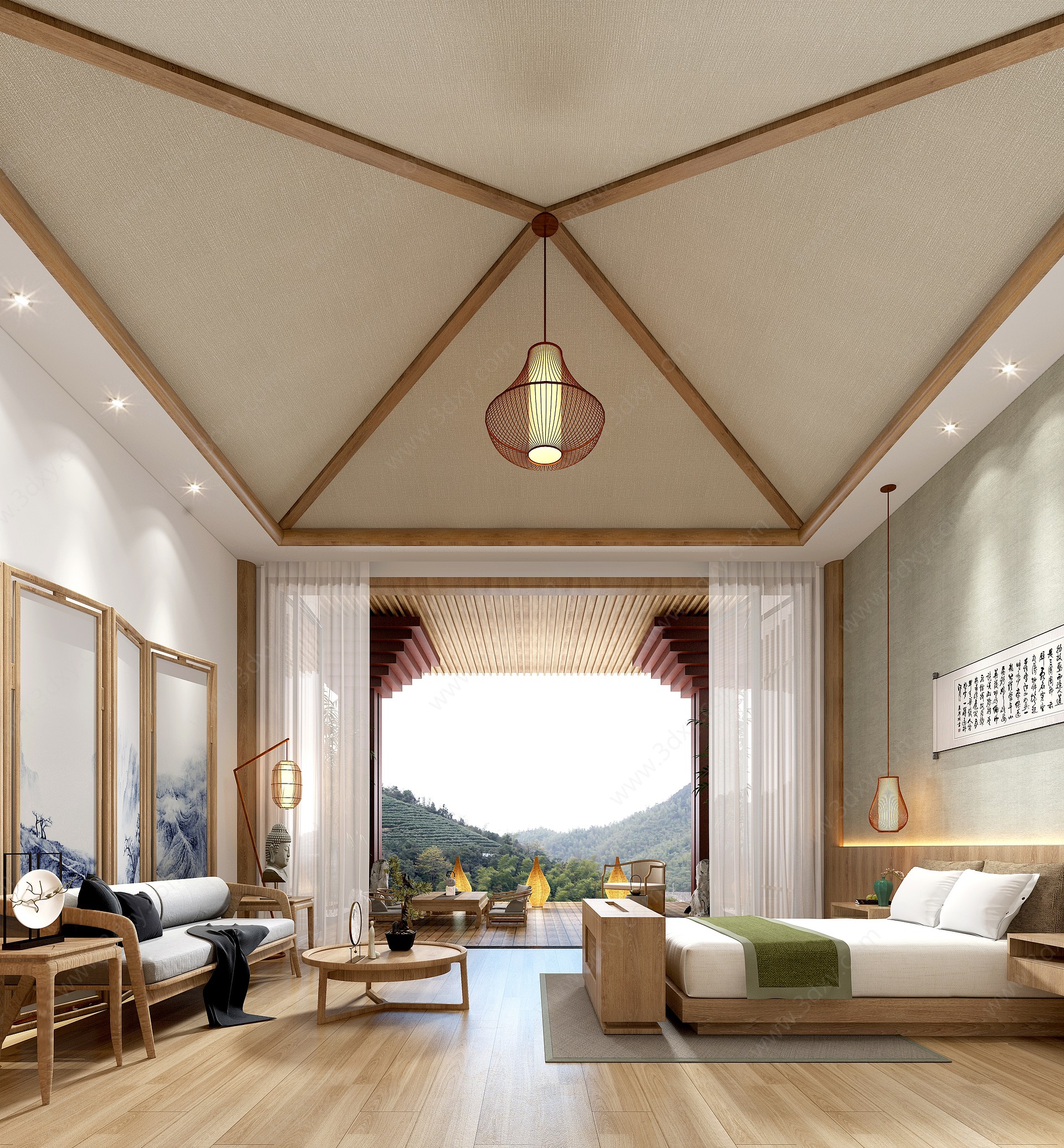 新中式禅意酒店卧室3D模型