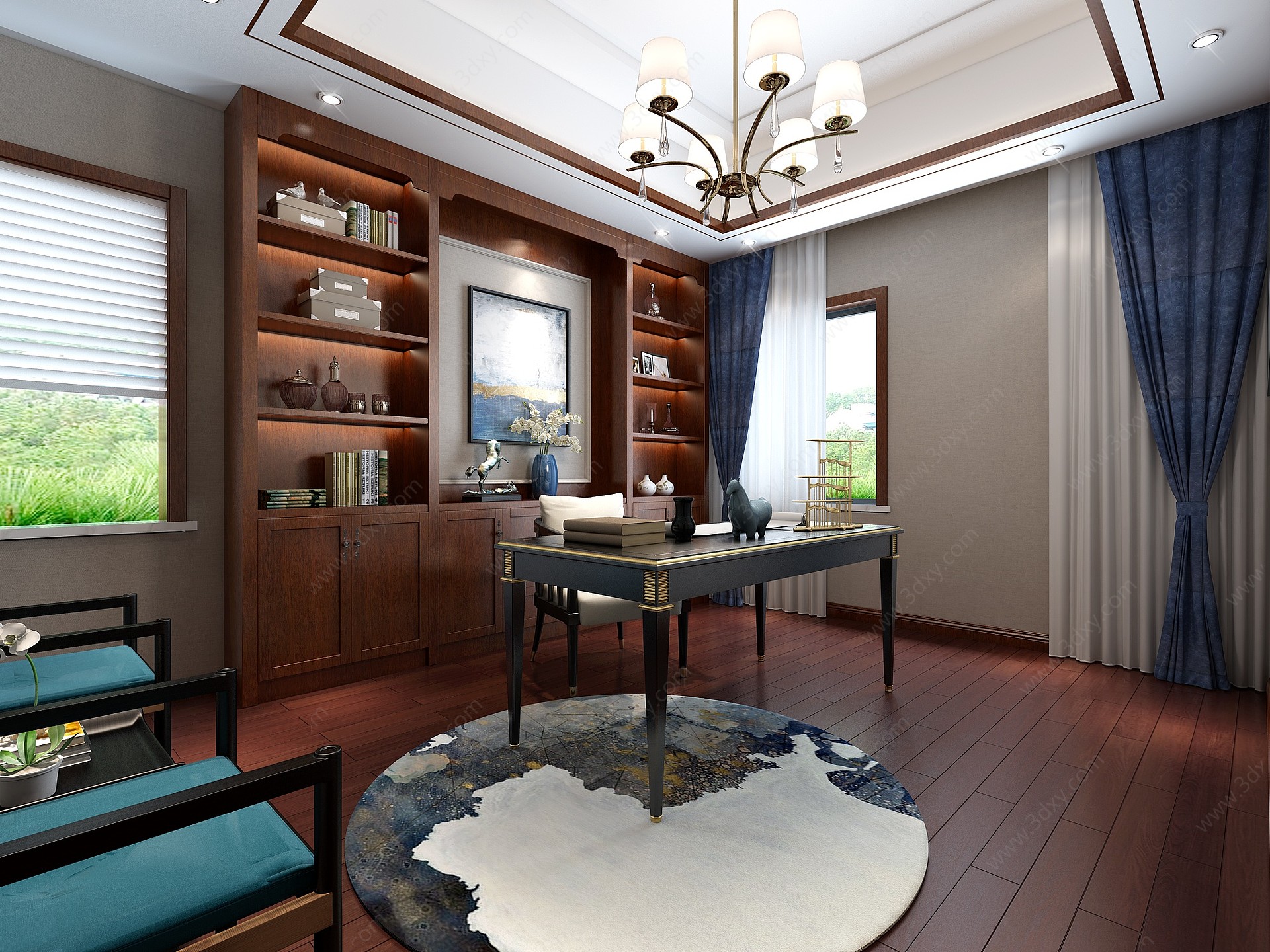 新中式书房卧室3D模型