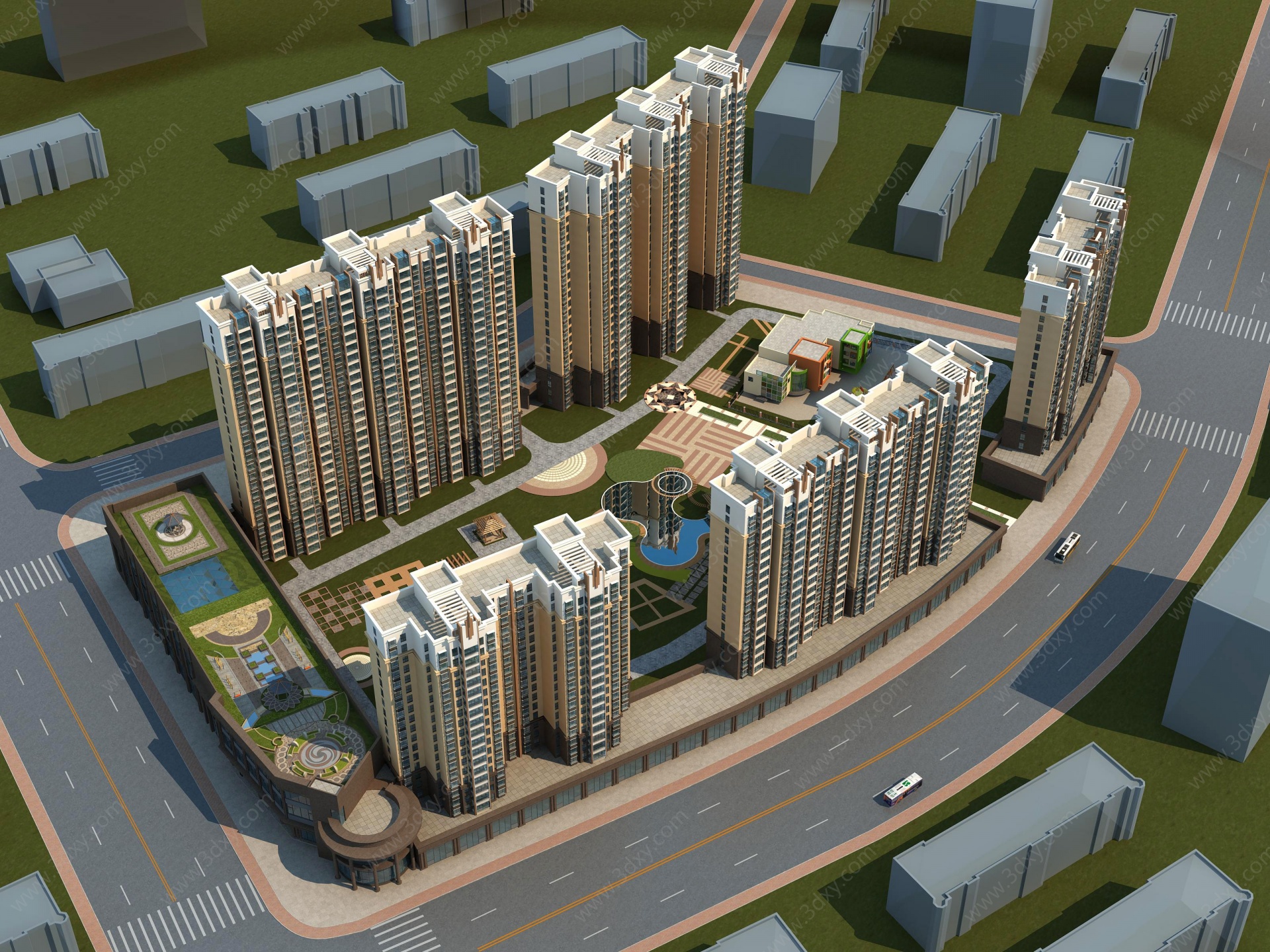 现代商业住宅楼鸟瞰3D模型