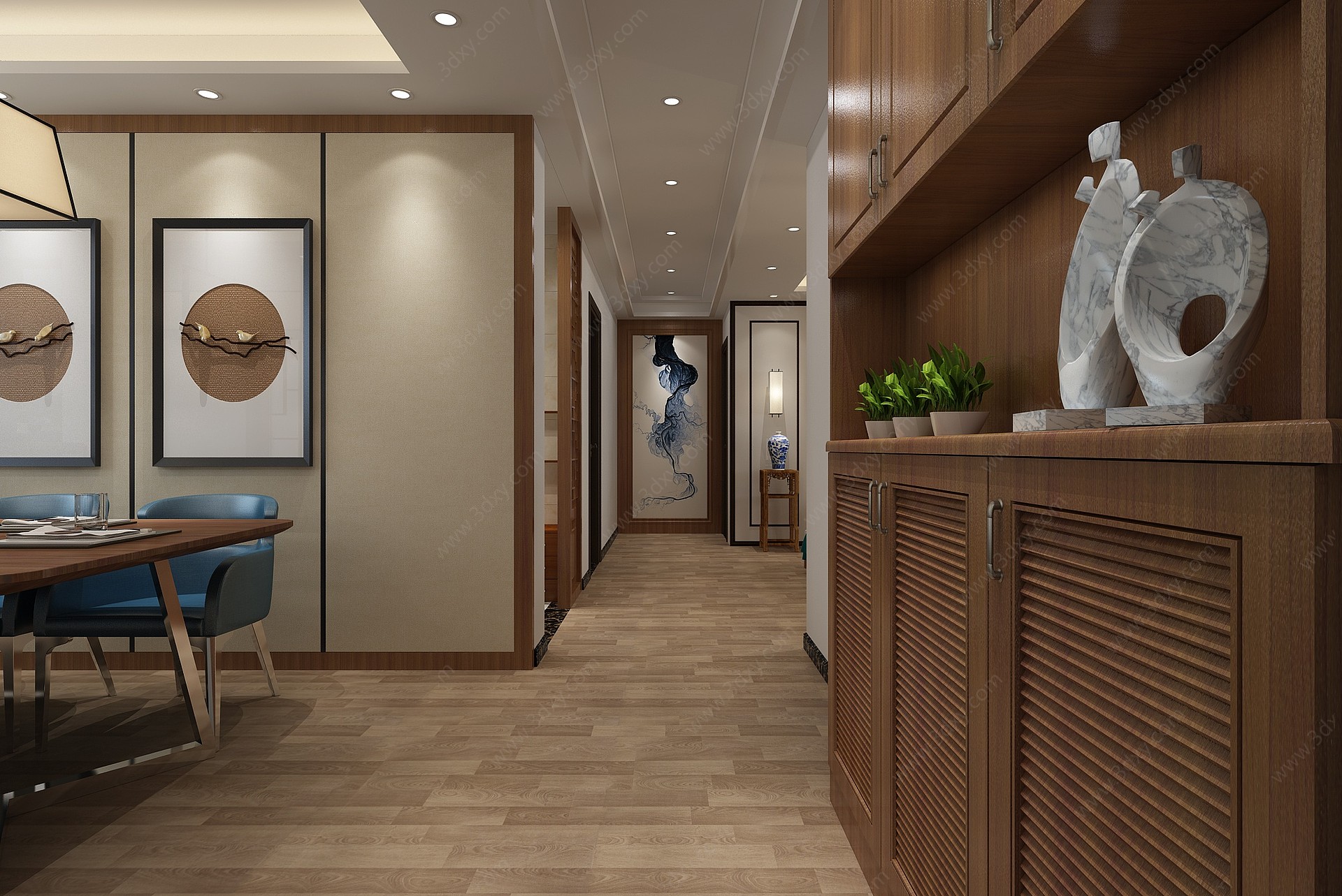 新中式家装客餐厅3D模型