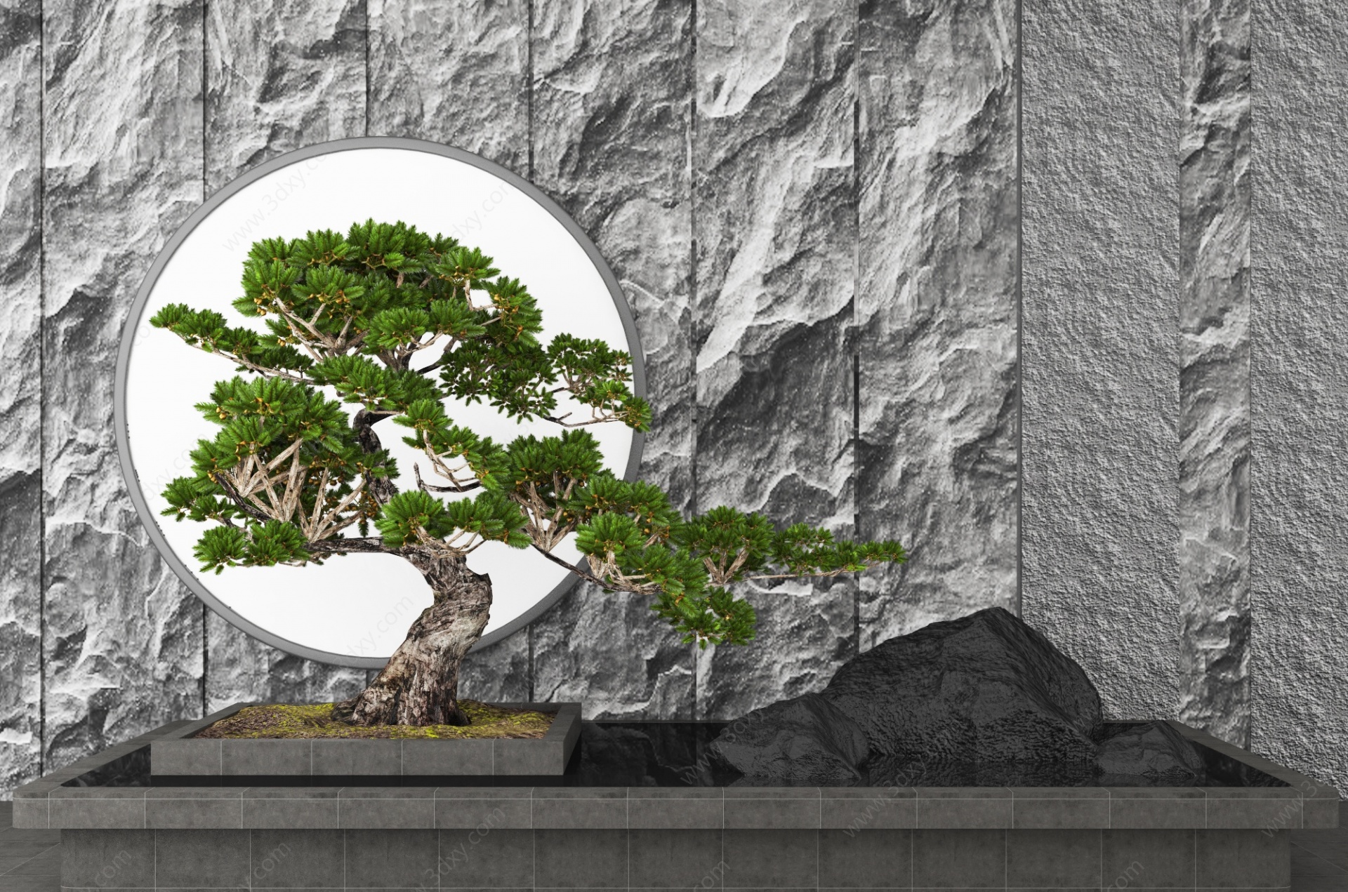 新中式庭院造景松树庭3D模型