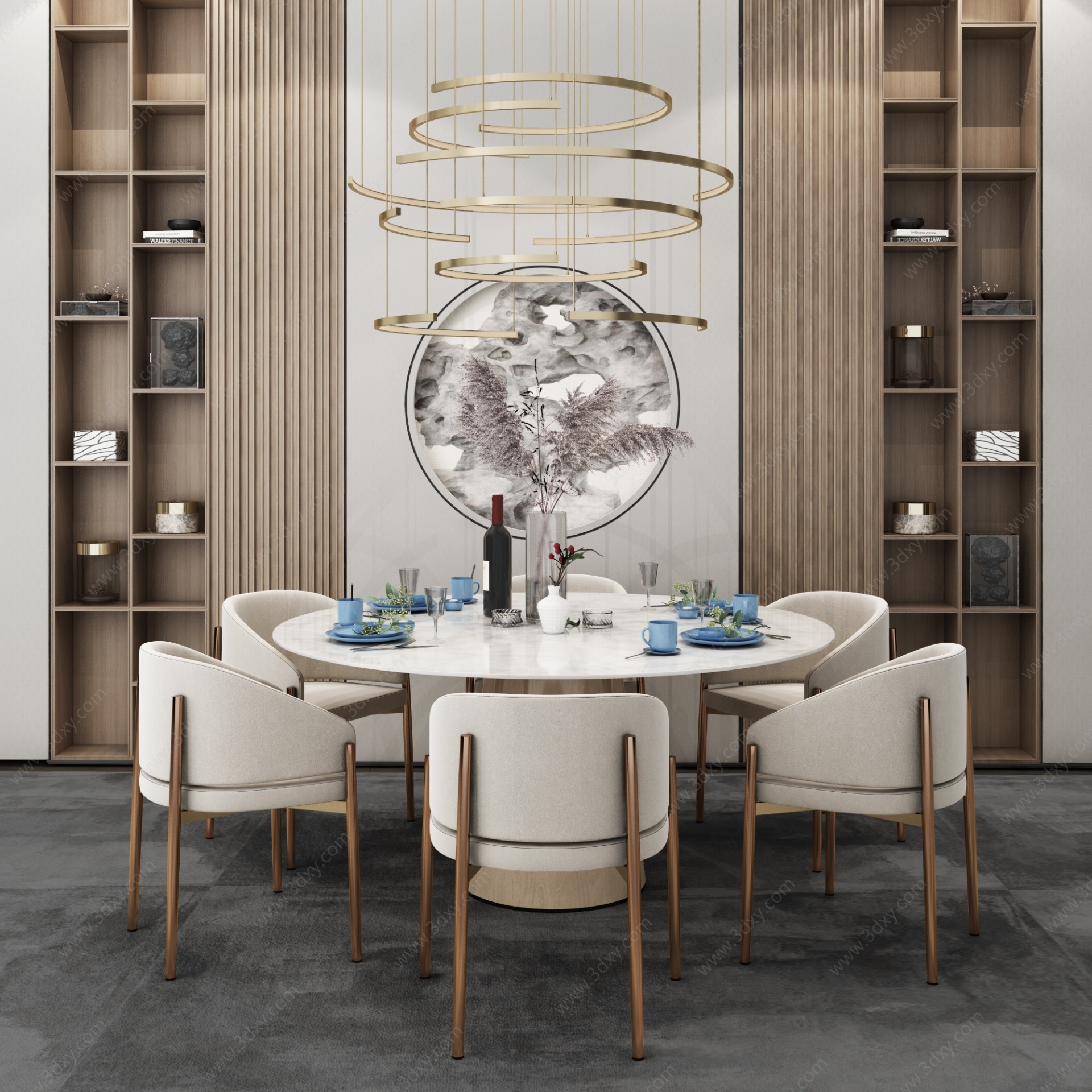 新中式餐厅圆型餐桌餐椅3D模型