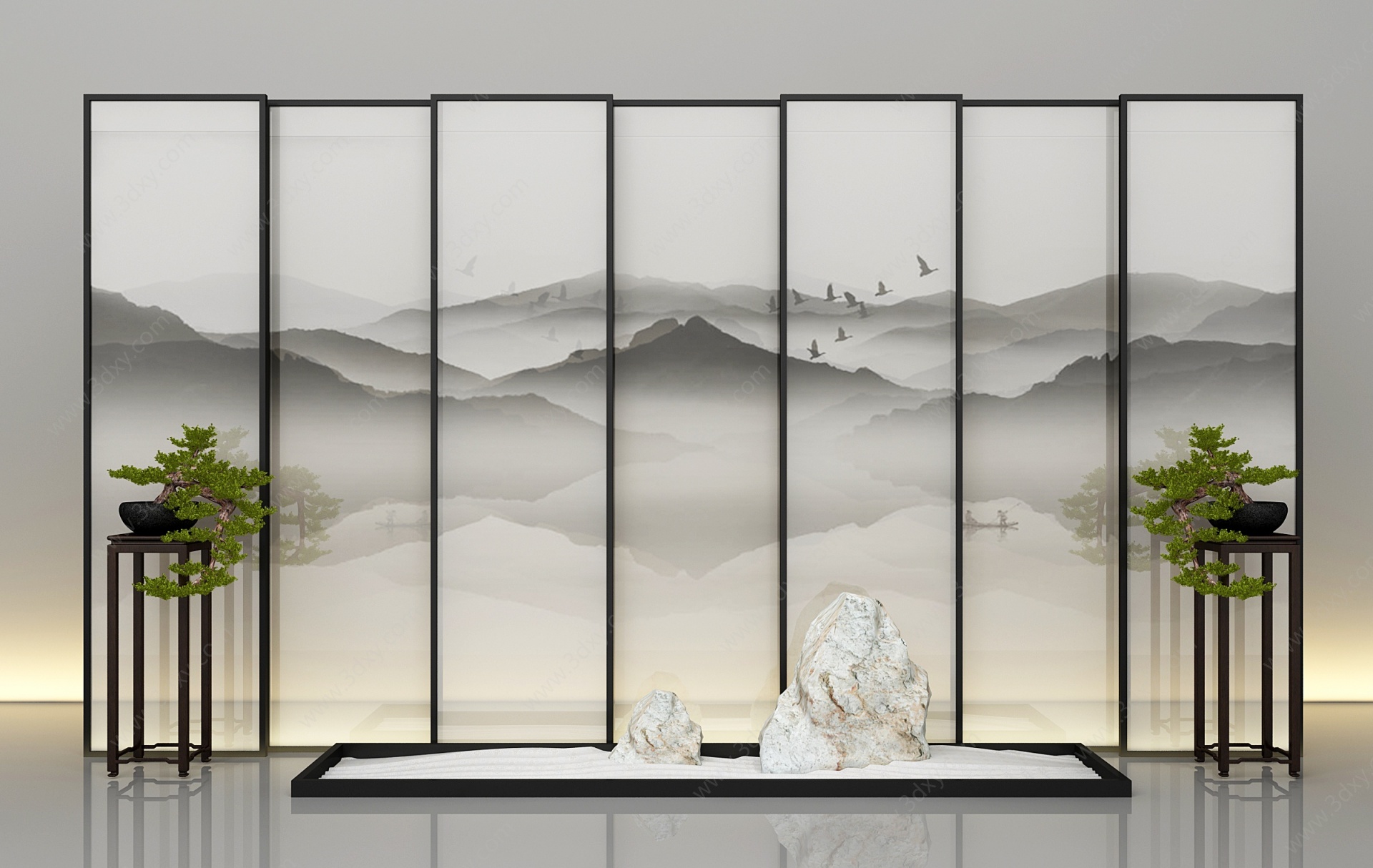 现代山水玻璃屏风隔断3D模型