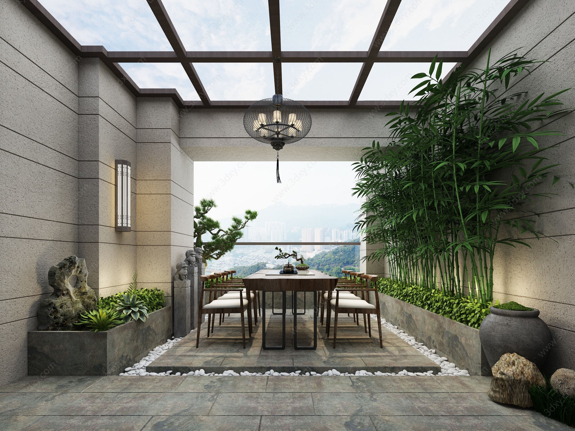 新中式花园阳台3D模型