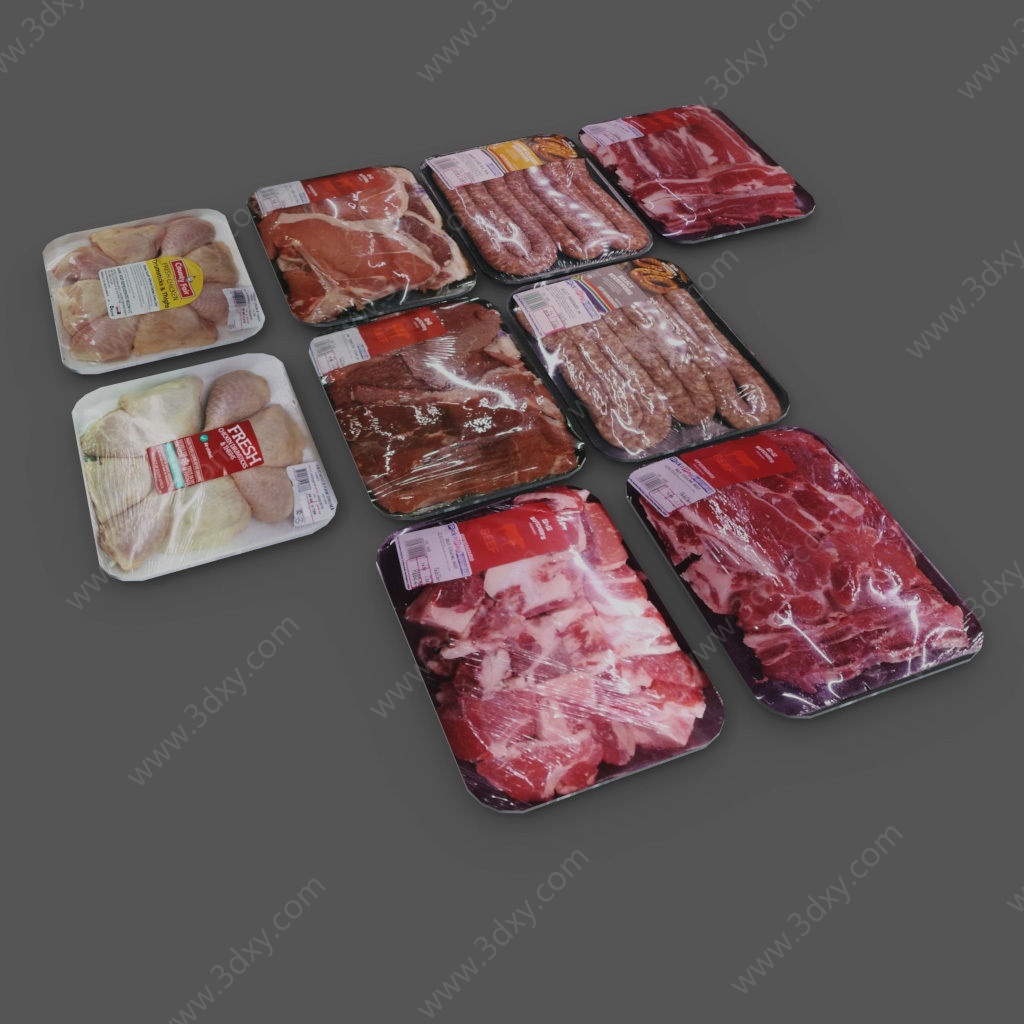 现代超市肉类食物组合3D模型