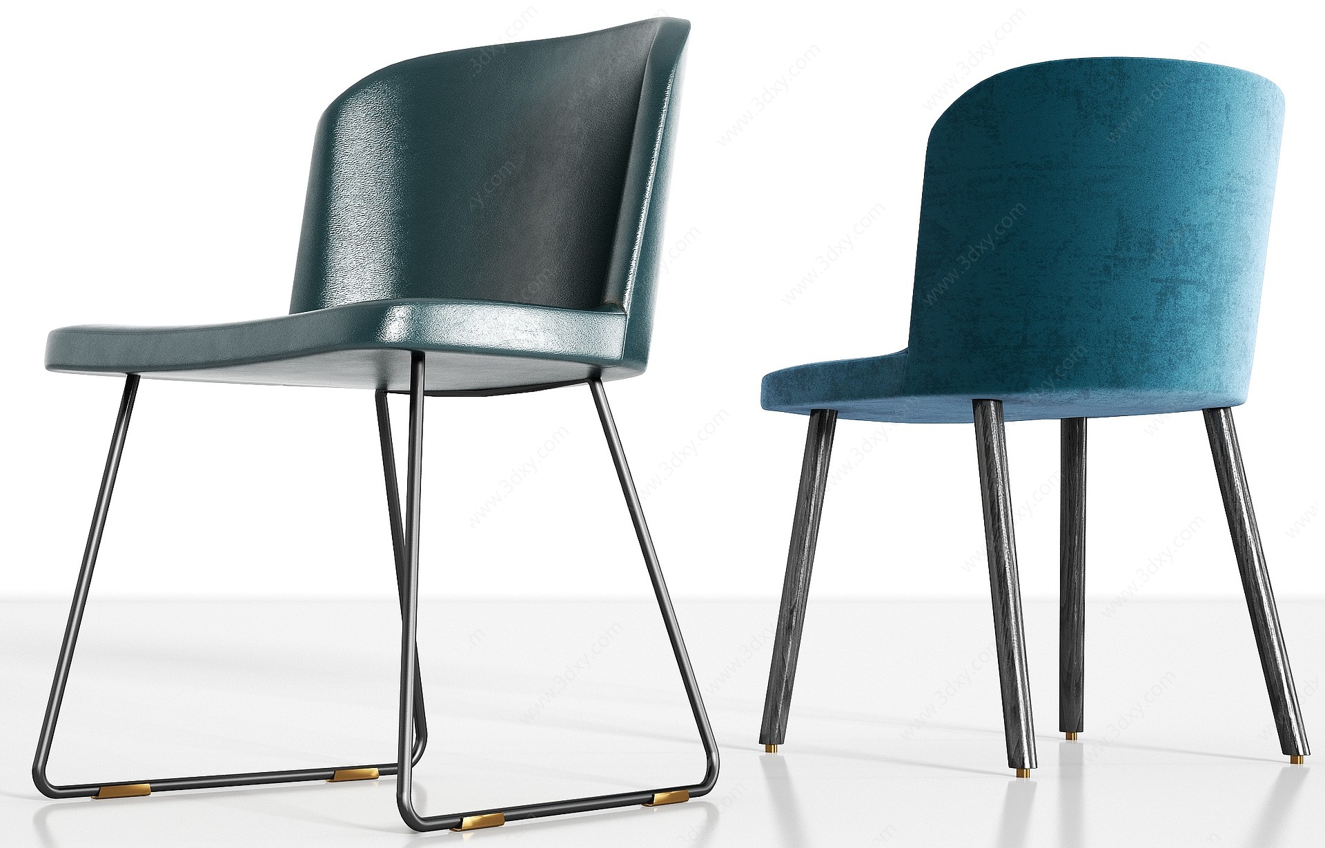 现代实木皮革绒布单椅组合3D模型