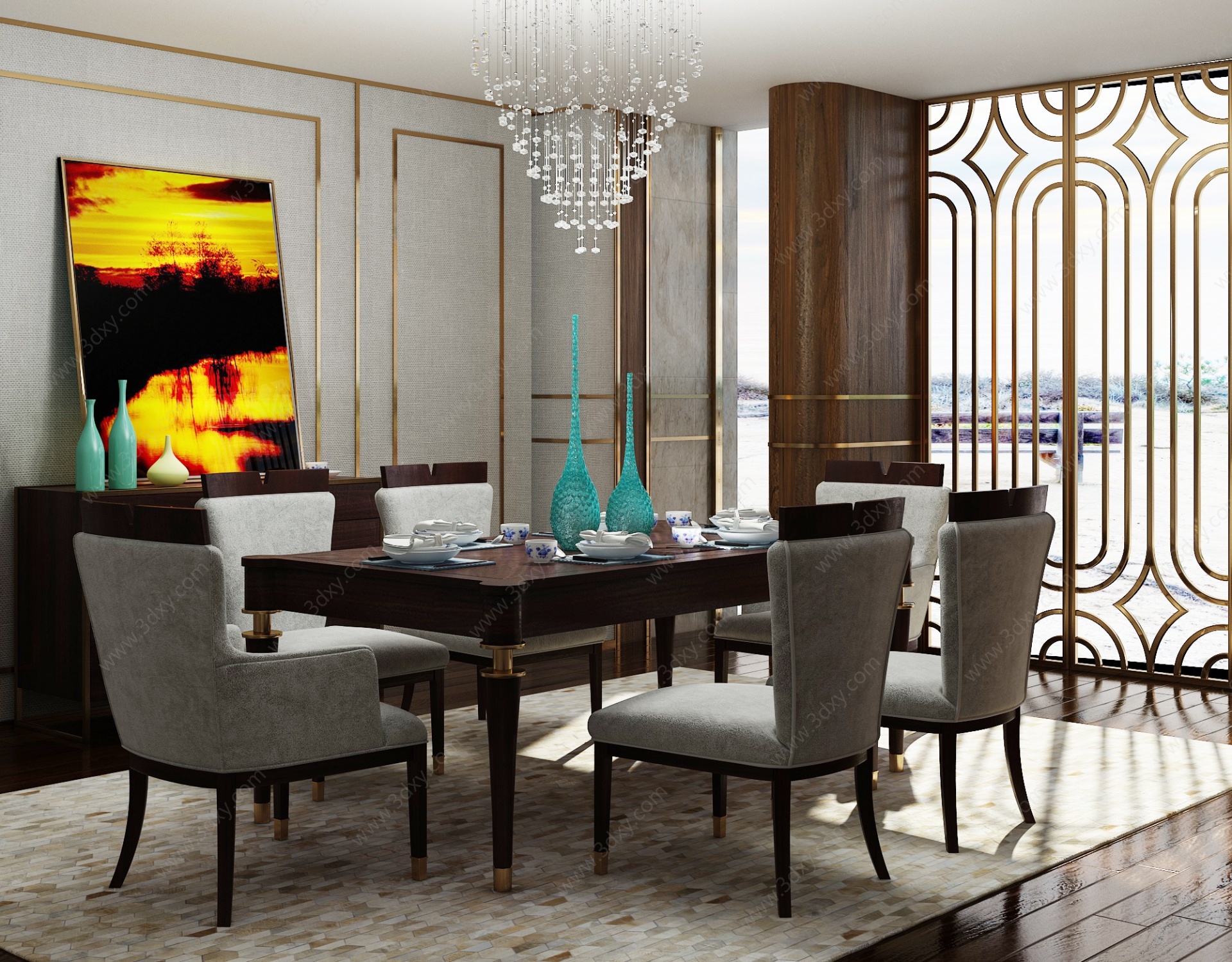 现代轻奢餐厅餐桌椅组合3D模型