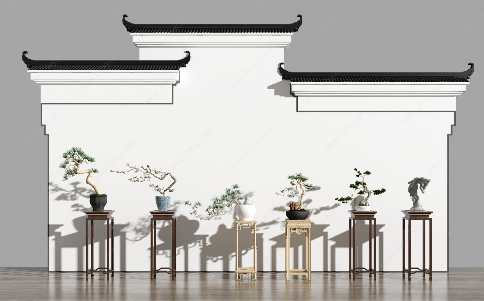 新中式绿植盆栽马头墙组合3D模型