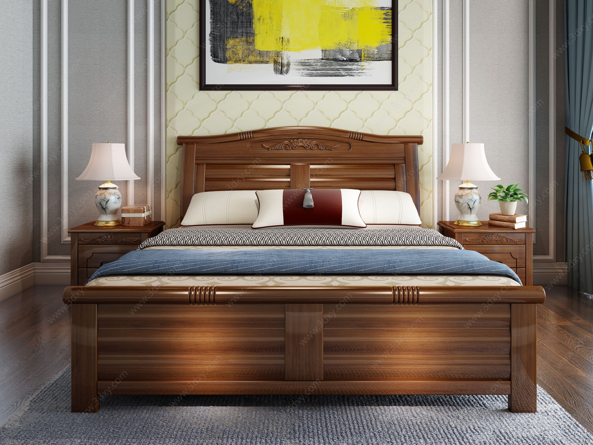 中式卧室实木床3D模型