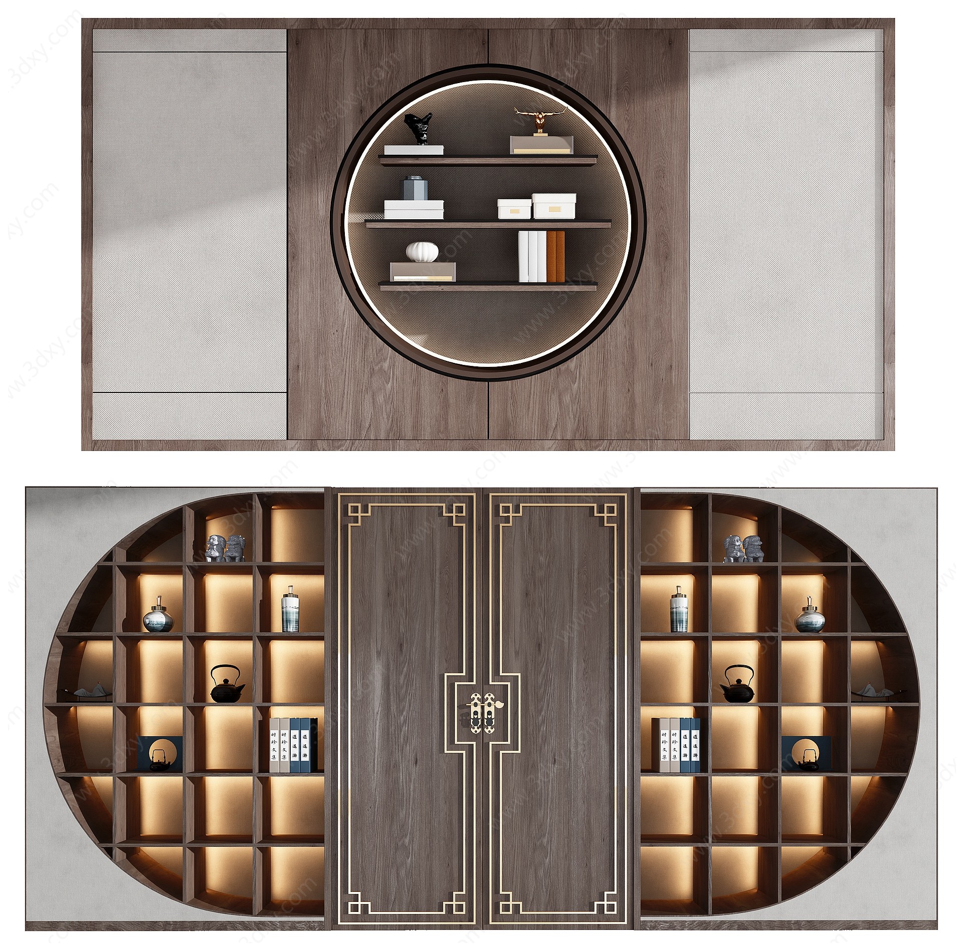 新中式背景装饰柜门组合3D模型