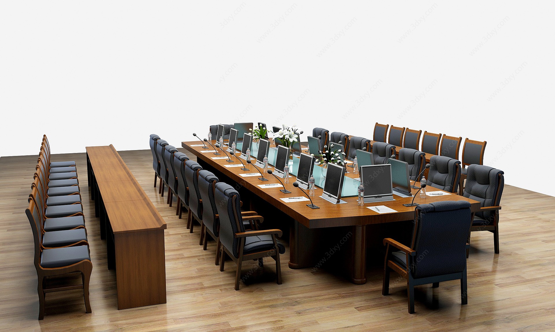 中式会议室桌椅组合3D模型