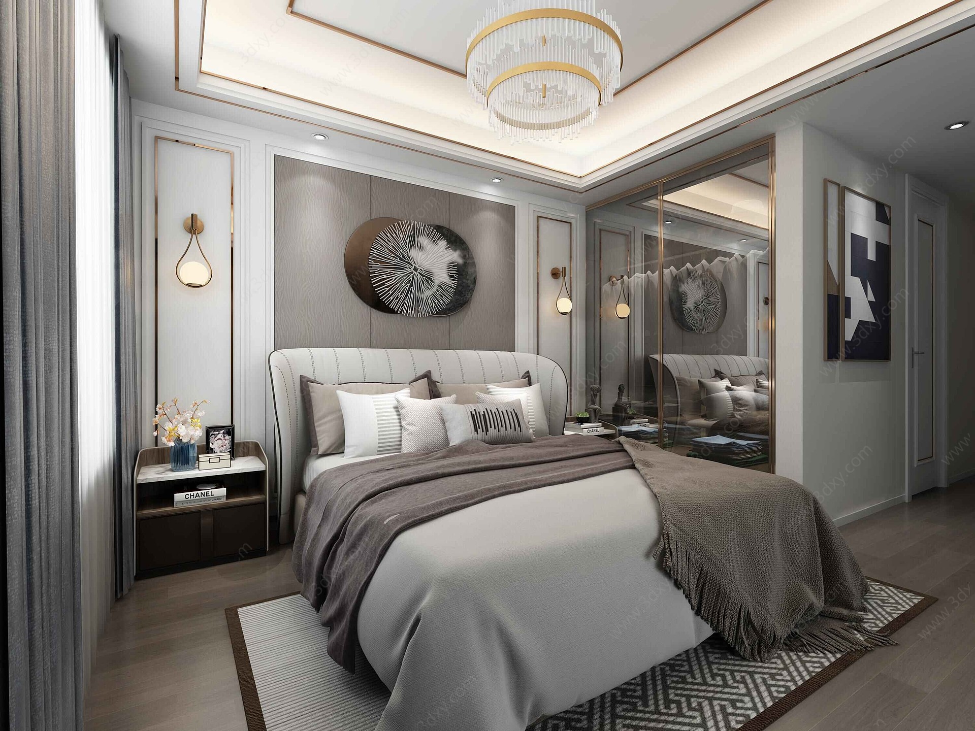 现代轻奢卧室壁灯床具组合3D模型