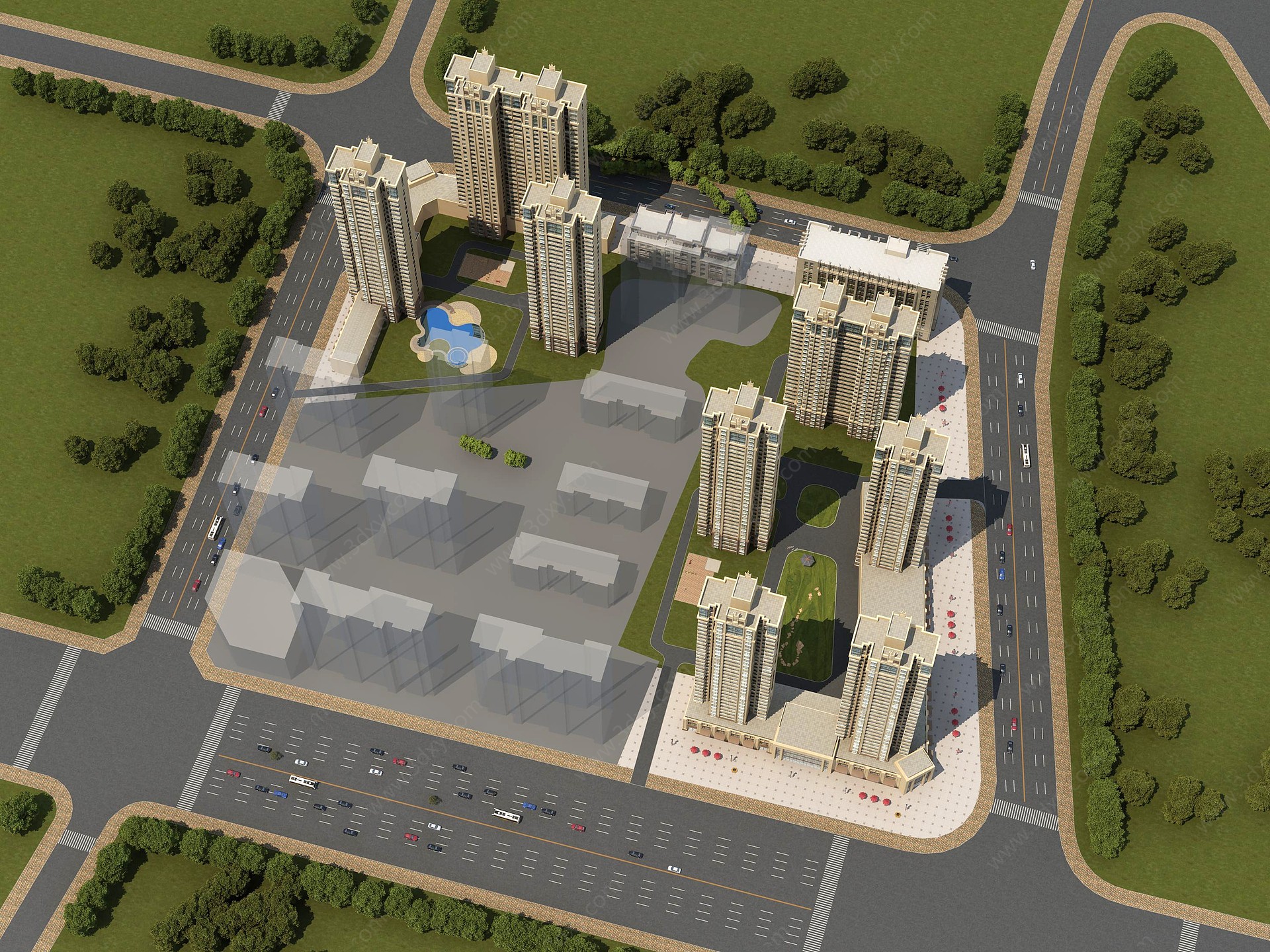 欧式商业住宅楼鸟瞰规划3D模型