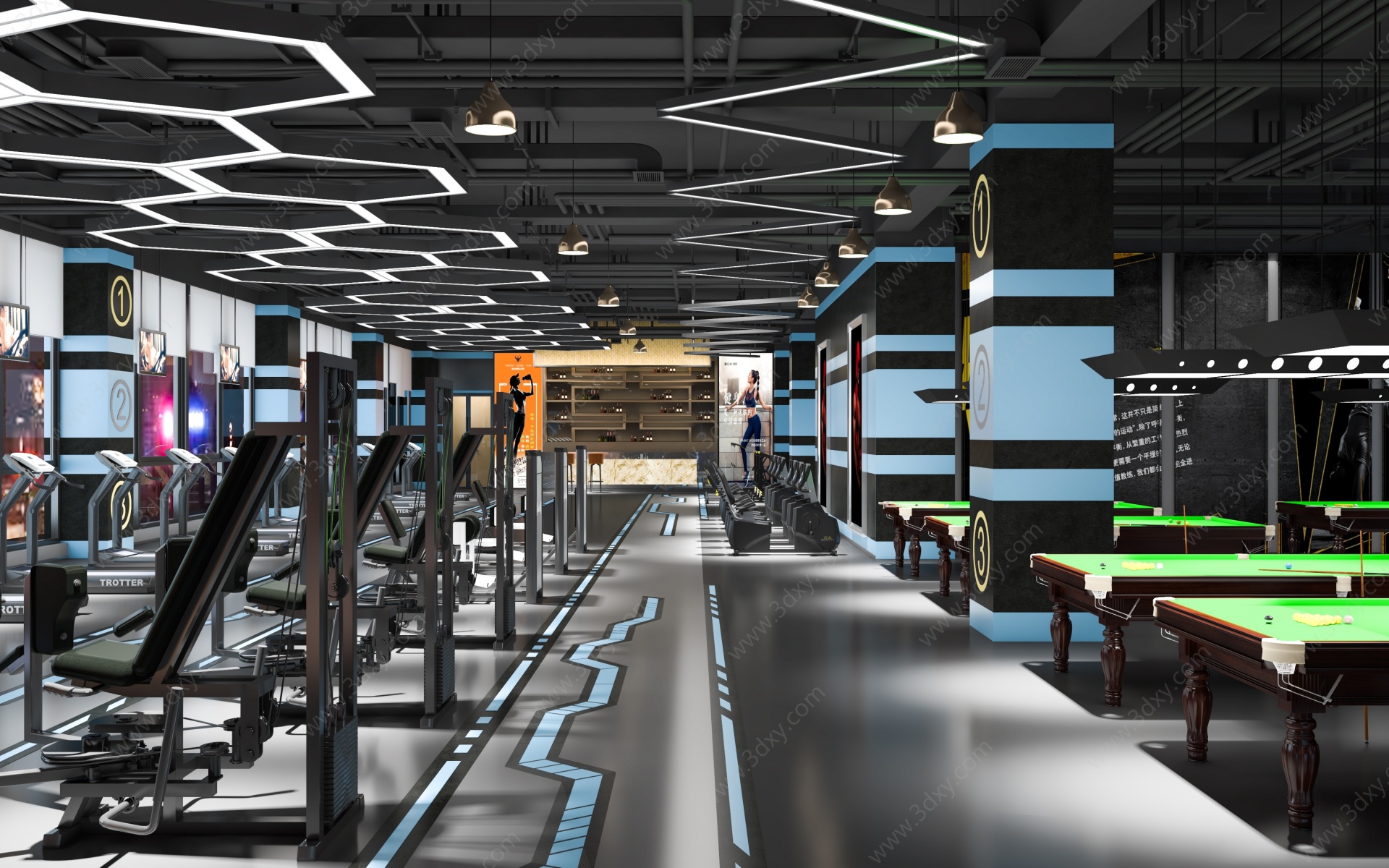 工业风健身房台球室3D模型