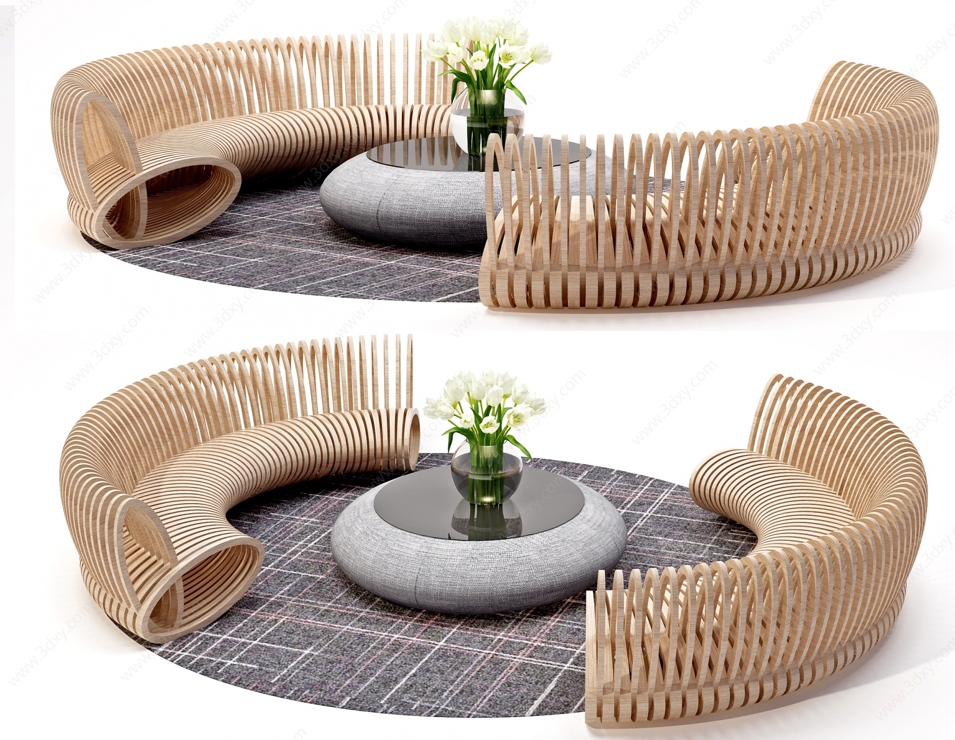 现代多人实木弧形异形沙发3D模型
