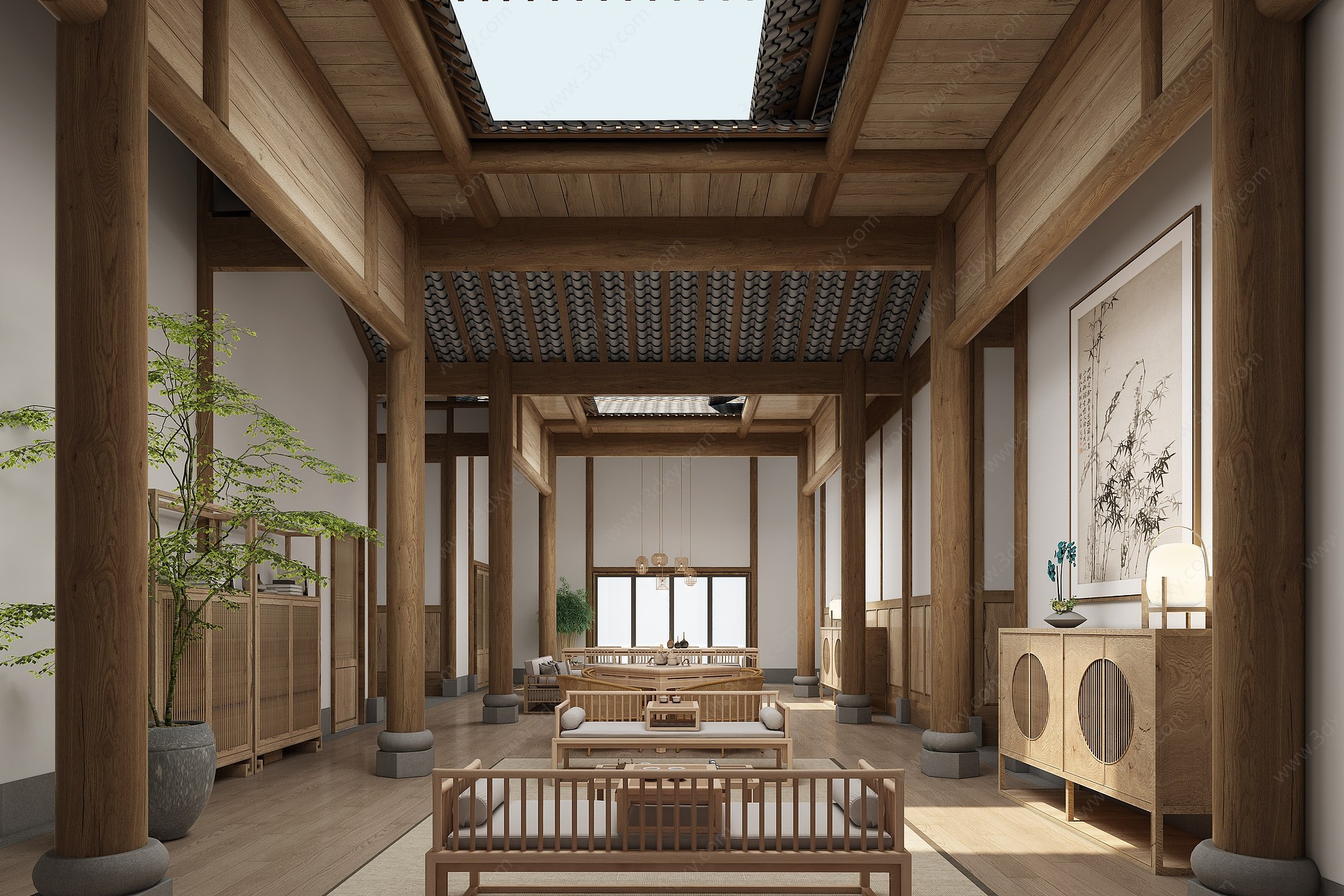 中式酒店民宿会客厅3D模型