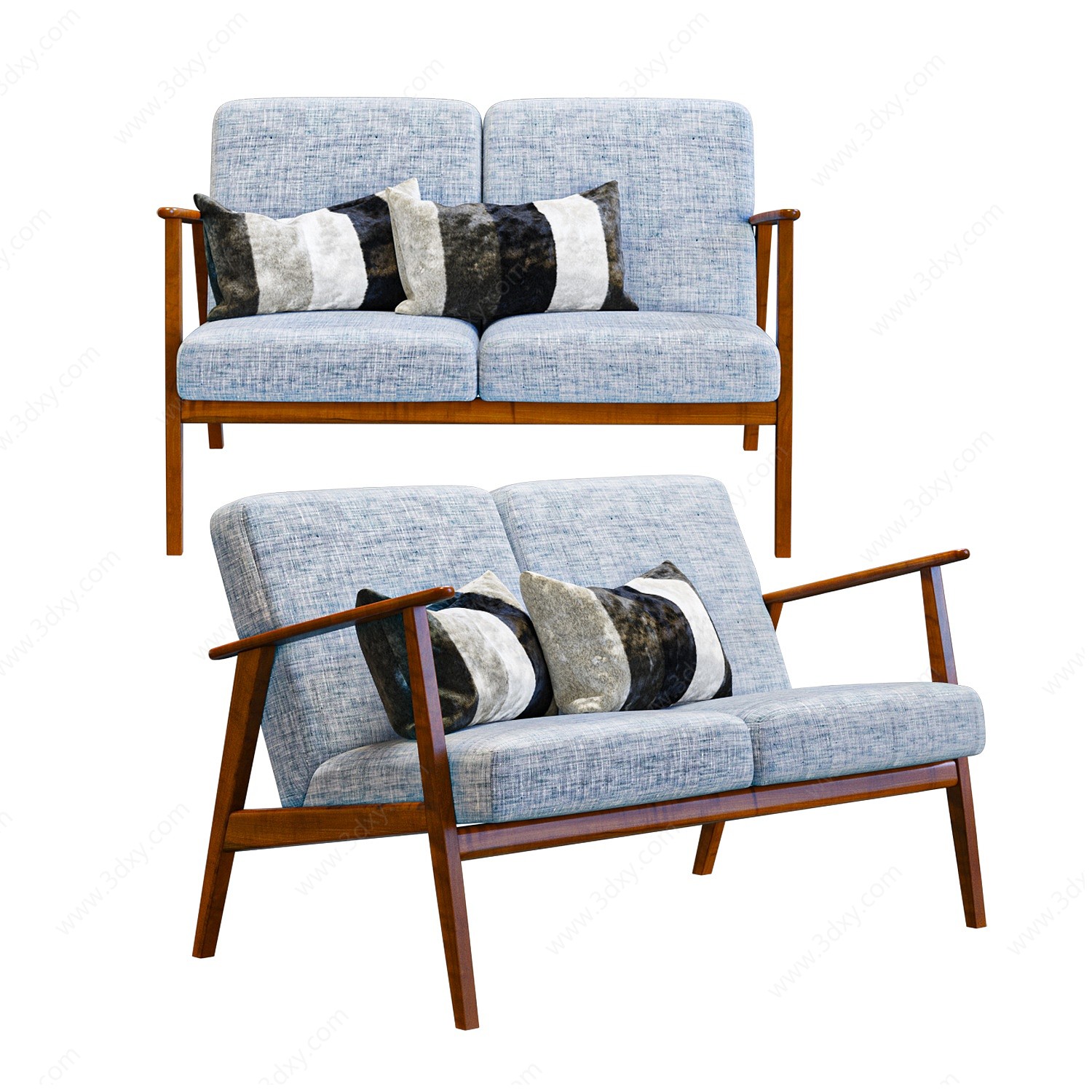 现代灰白木两人沙发3D模型
