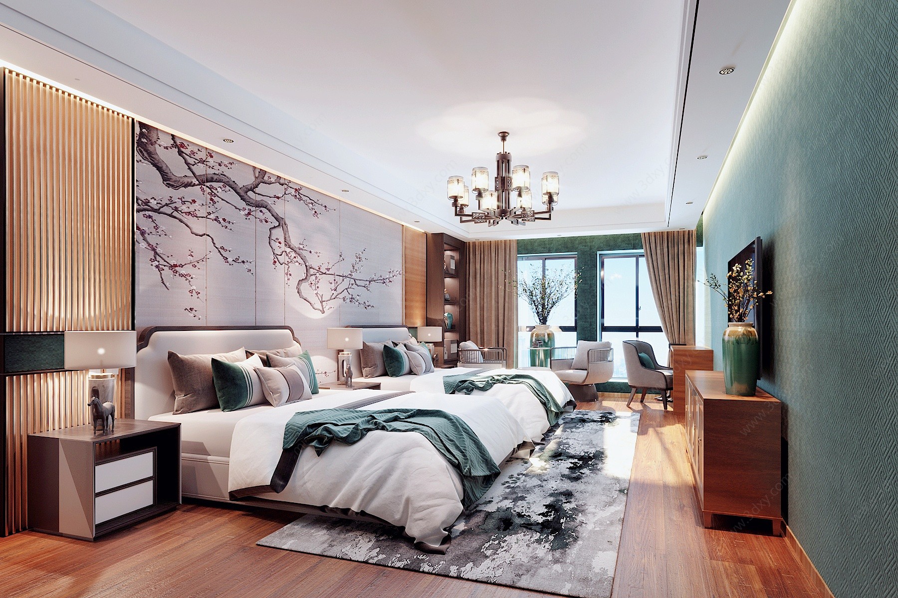 新中式酒店客房标间3D模型
