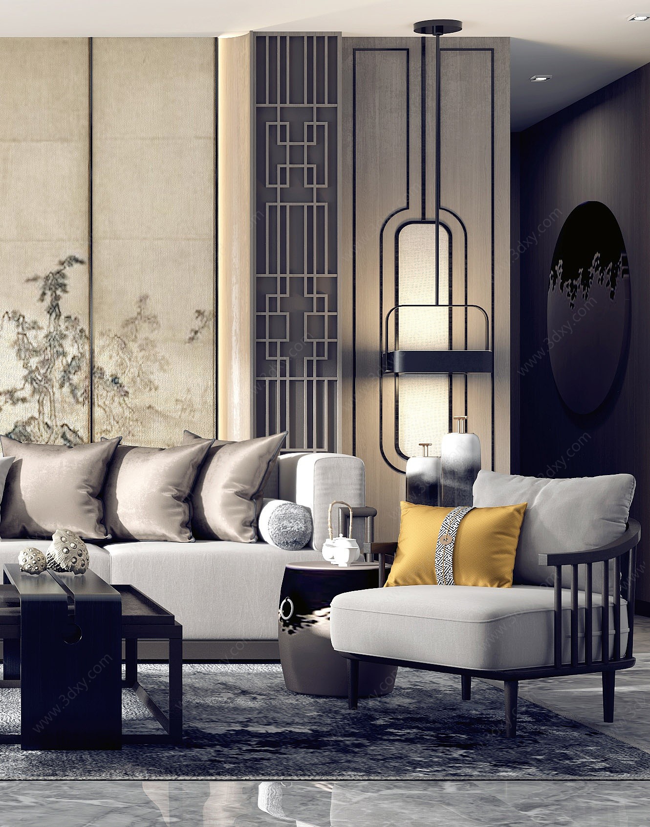 新中式客厅沙发茶几组合3D模型