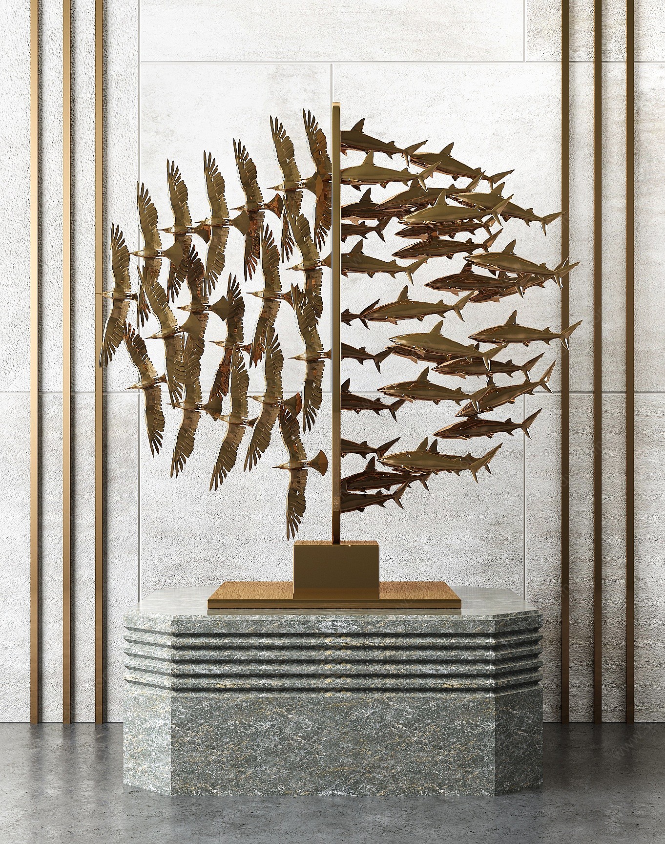 现代抽象飞鸟鱼群玄关装饰3D模型