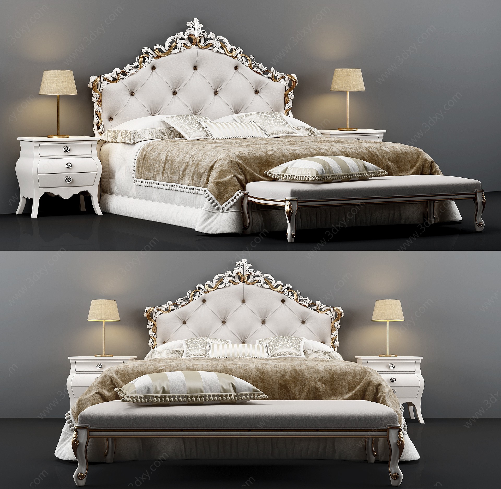 法式古典雕花皮革双人床3D模型