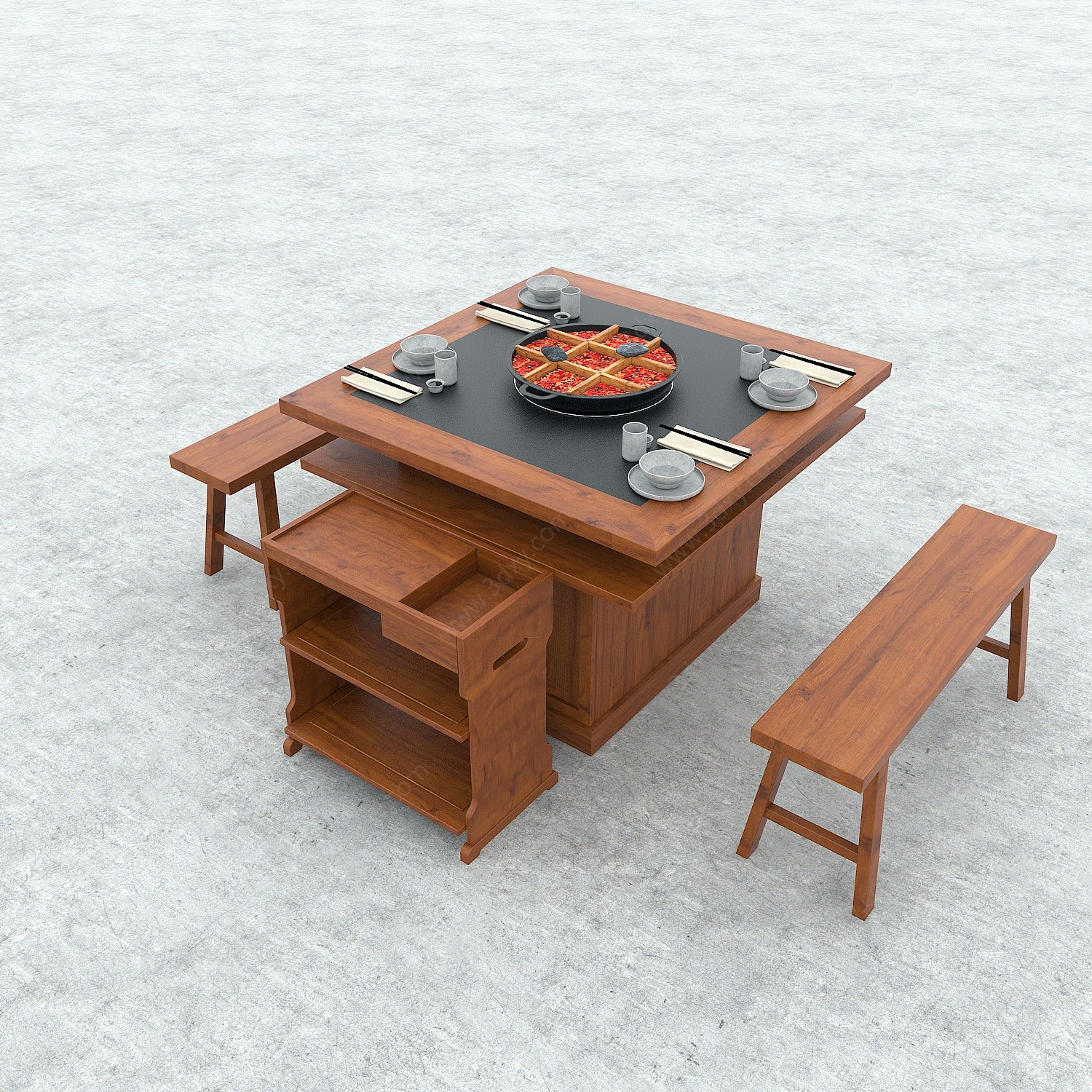 中式餐桌火锅桌九宫格3D模型