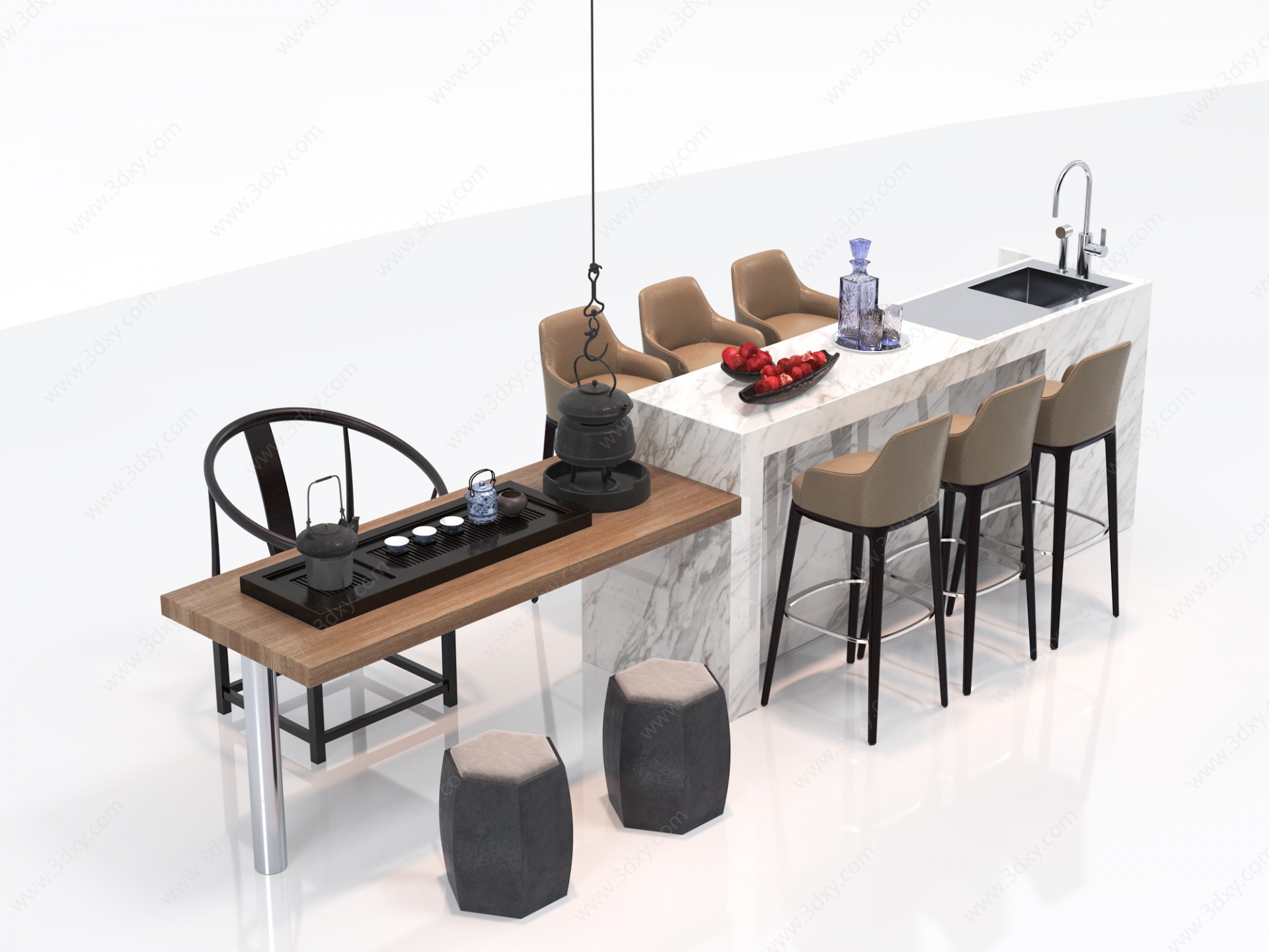 新中式吧台单椅茶具3D模型