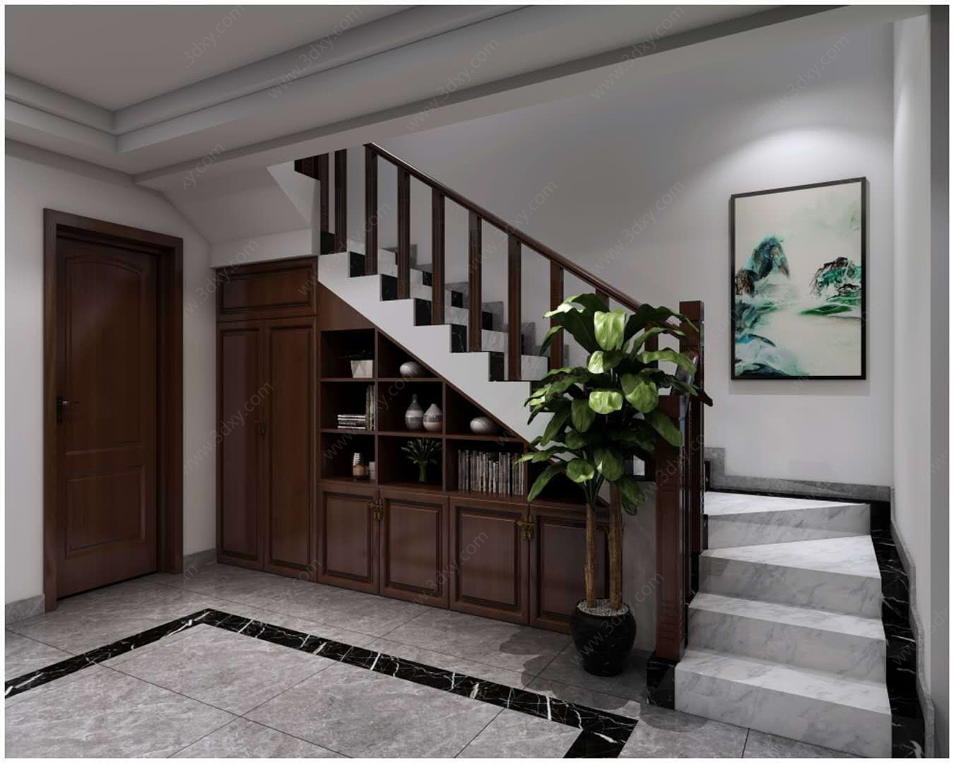 新中式家装别墅楼梯柜3D模型