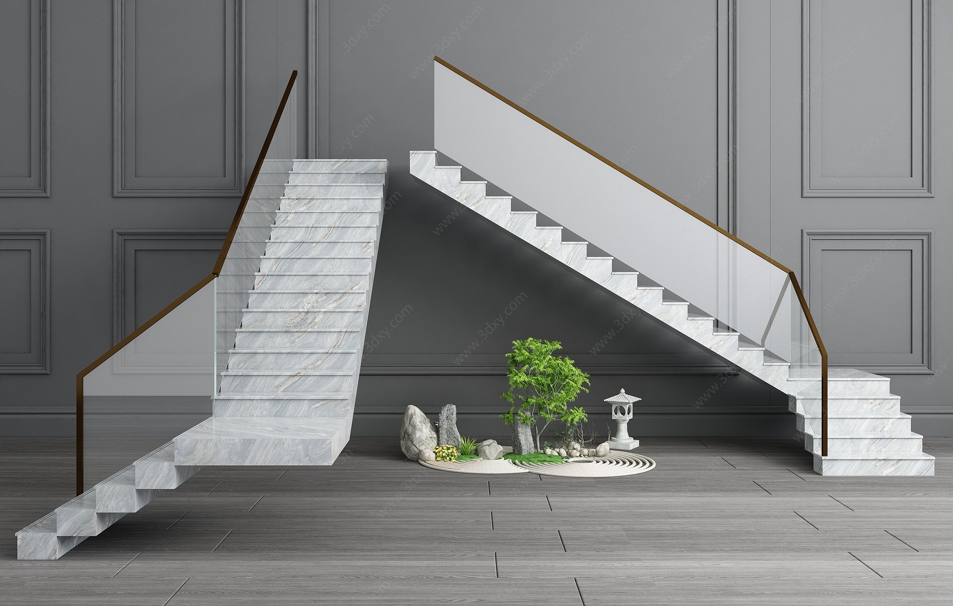 现代大理石楼梯玻璃扶手3D模型
