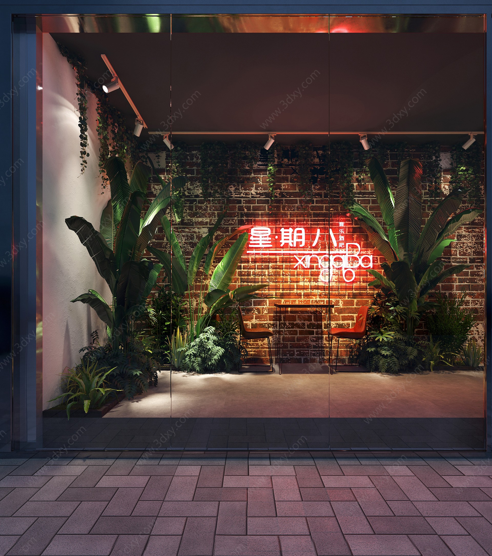 工业风酒吧橱窗植物3D模型