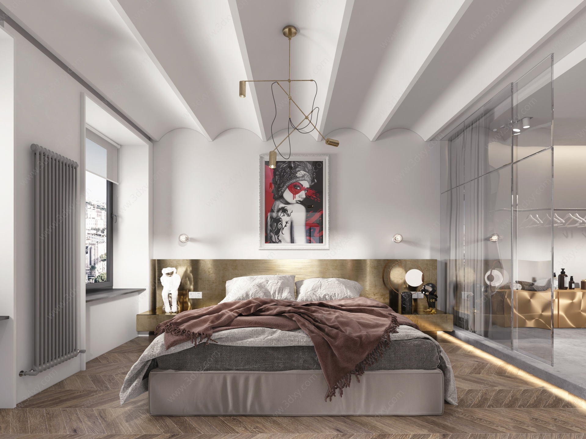 现代卧室,双人床3D模型