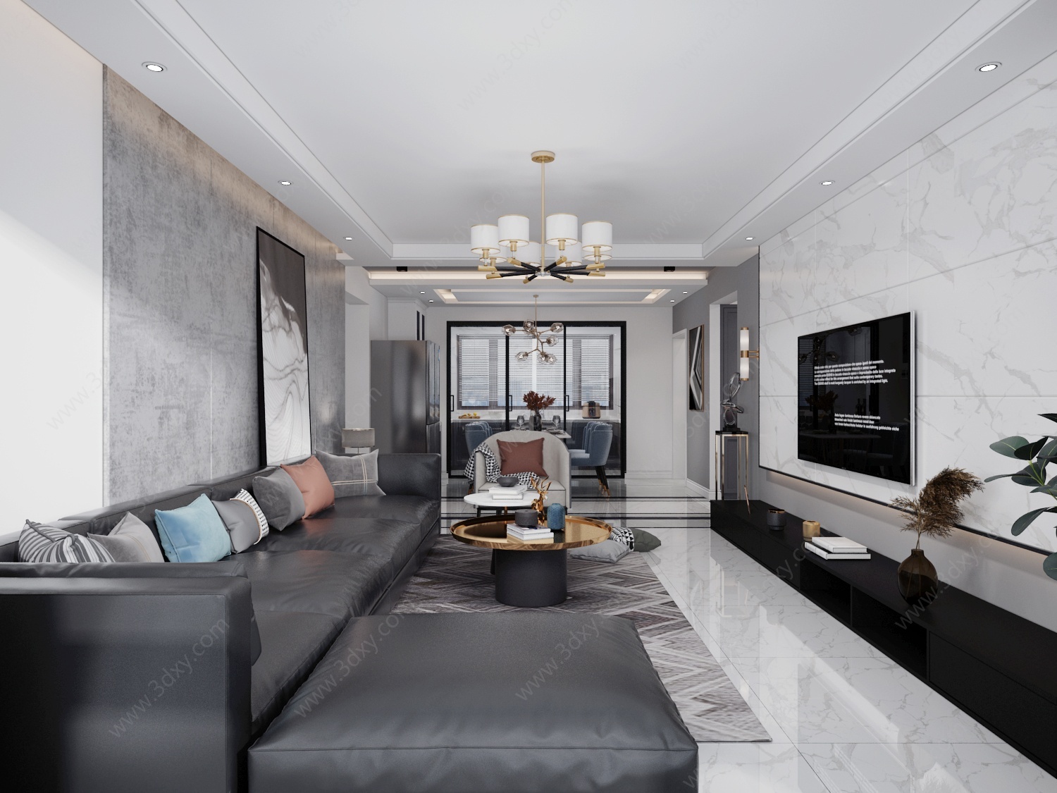 现代轻奢客厅转角皮沙发3D模型
